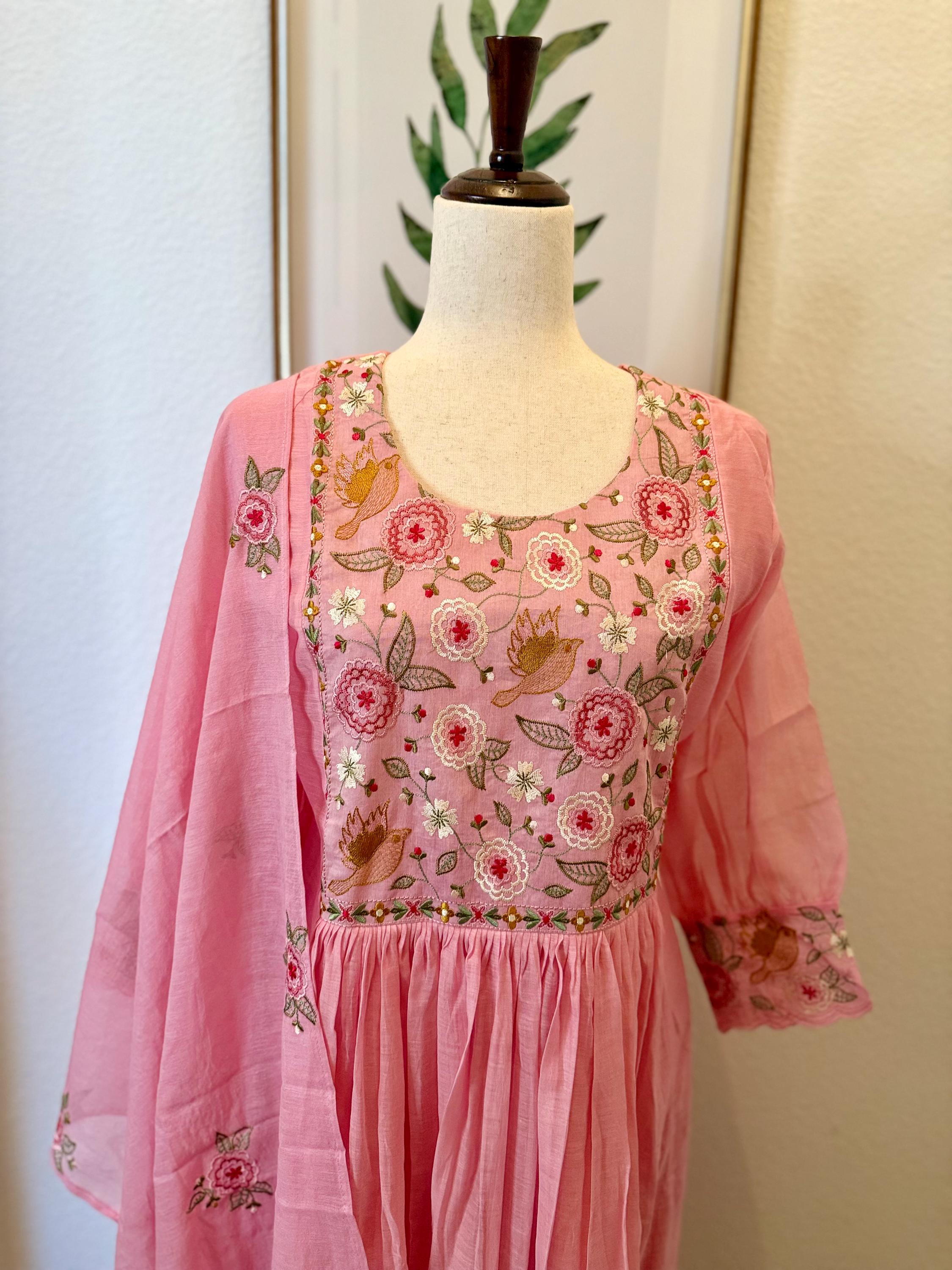 Pink Mul Chanderi Kurti Set: Floral Embroidery, 3-Piece Indian Outfit