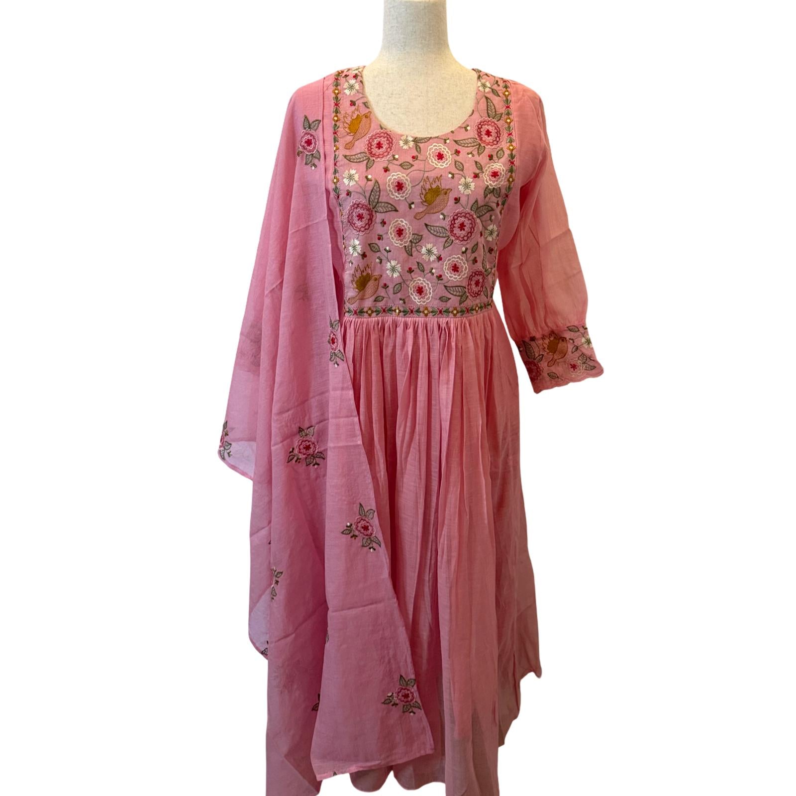 Pink Mul Chanderi Kurti Set: Floral Embroidery, 3-Piece Indian Outfit
