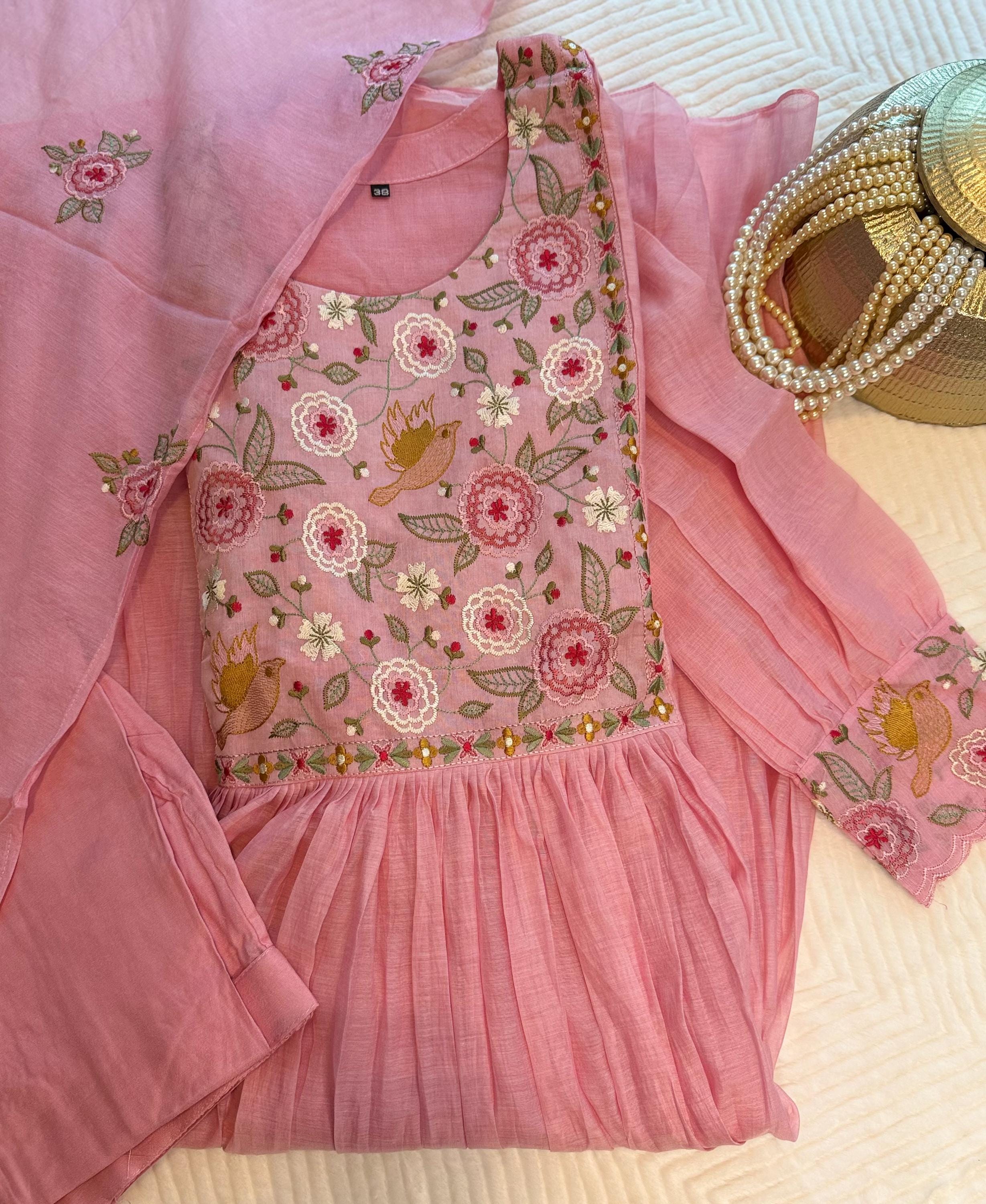Pink Mul Chanderi Kurti Set: Floral Embroidery, 3-Piece Indian Outfit