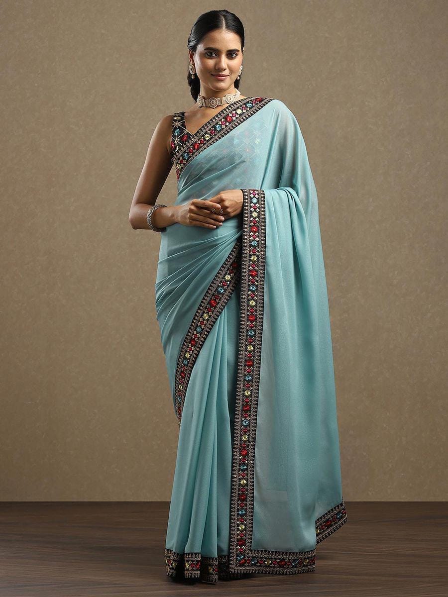 Aqua Blue Georgette Saree with Embroidered Sequined Border | Party Wear Saree | Elegant  Ethnic Saree | Soft Drape Saree