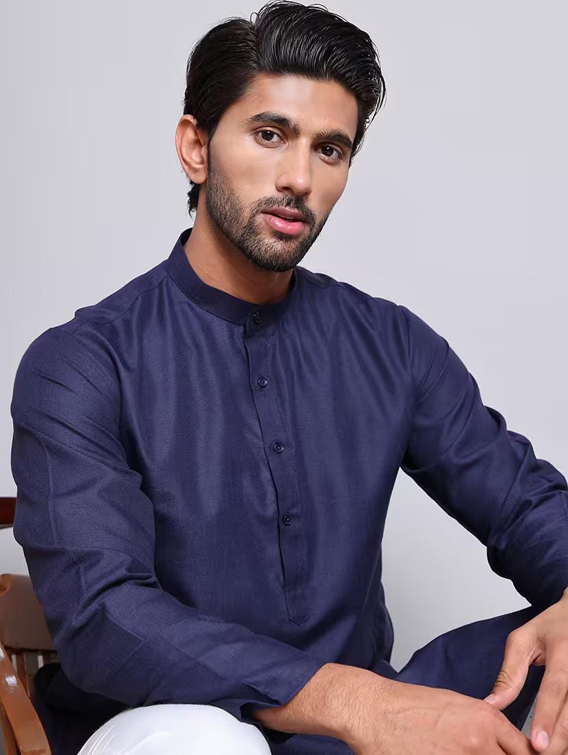 Men’s Navy Blue Solid Cotton Kurta Set