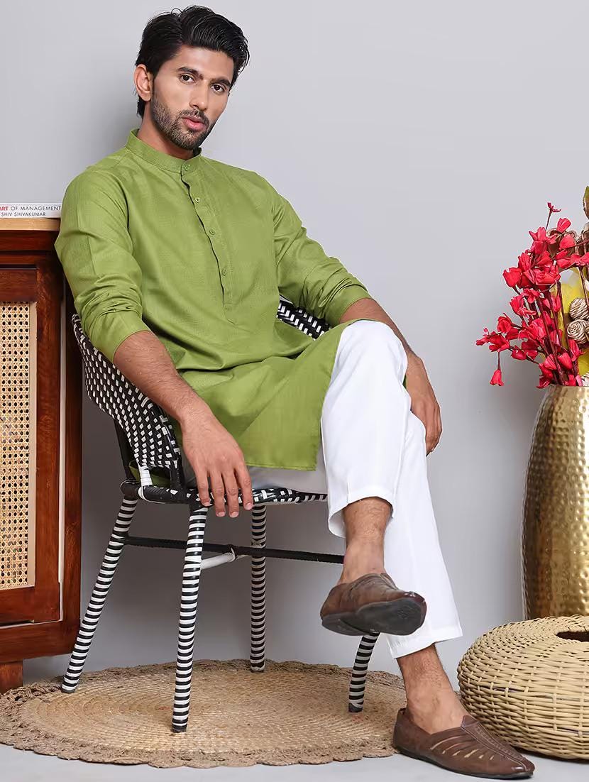 Men’s Green Solid Cotton Kurta Set