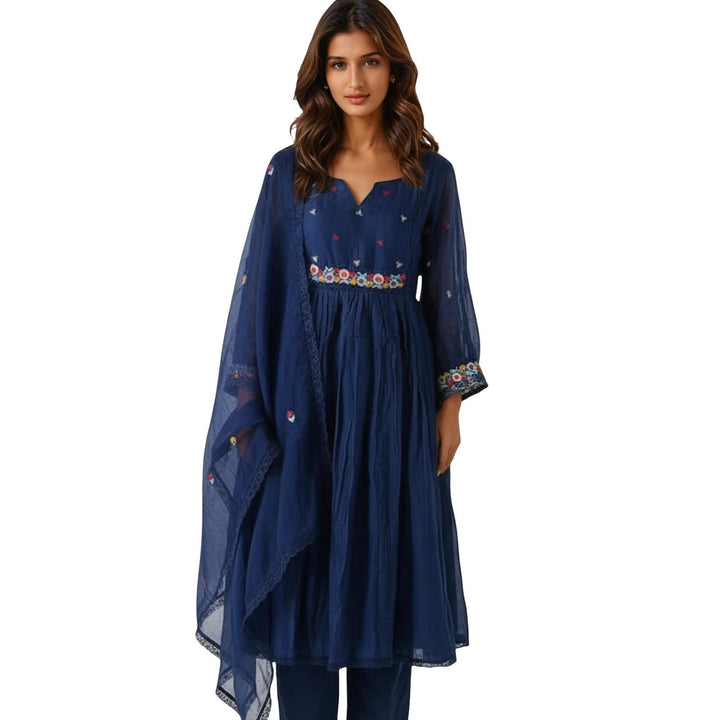 Hand Embroidered Mul Chanderi Suit with Kota Dupatta: Navy Blue A-Line Kurti