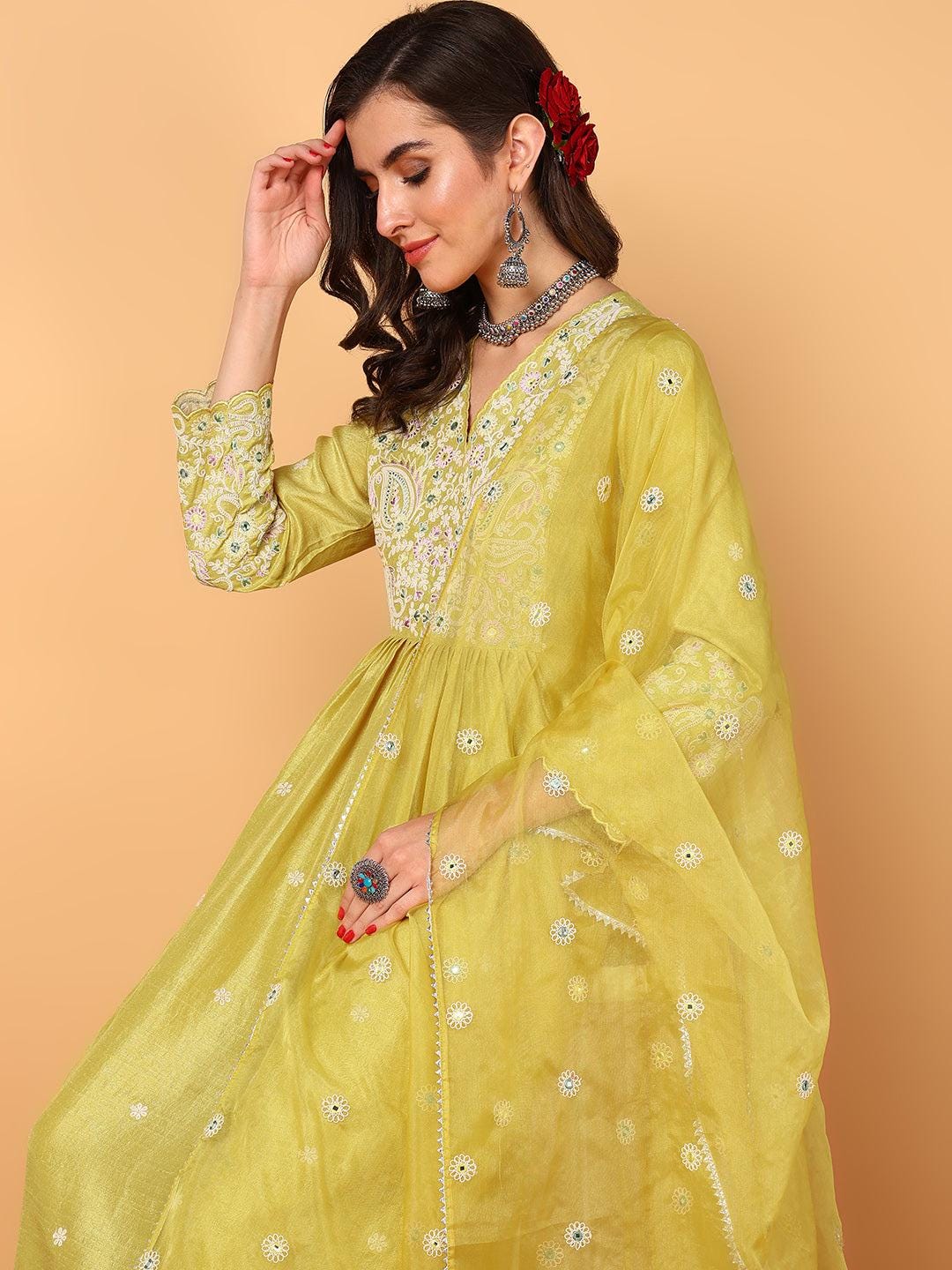Yellow Embroidered Kurta Set with Organza Dupatta
