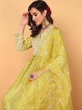 Yellow Embroidered Kurta Set with Organza Dupatta