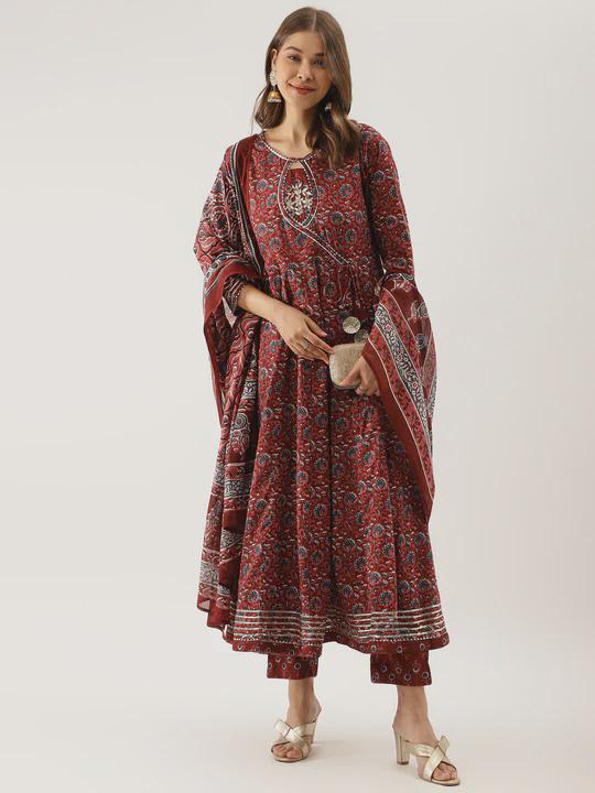 Maroon Cotton Anarkali Kurta Set: Gotta Patti Embroidery