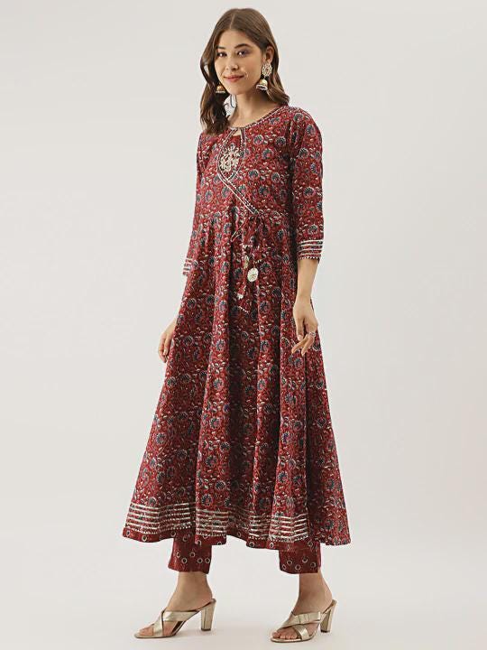 Maroon Cotton Anarkali Kurta Set: Gotta Patti Embroidery