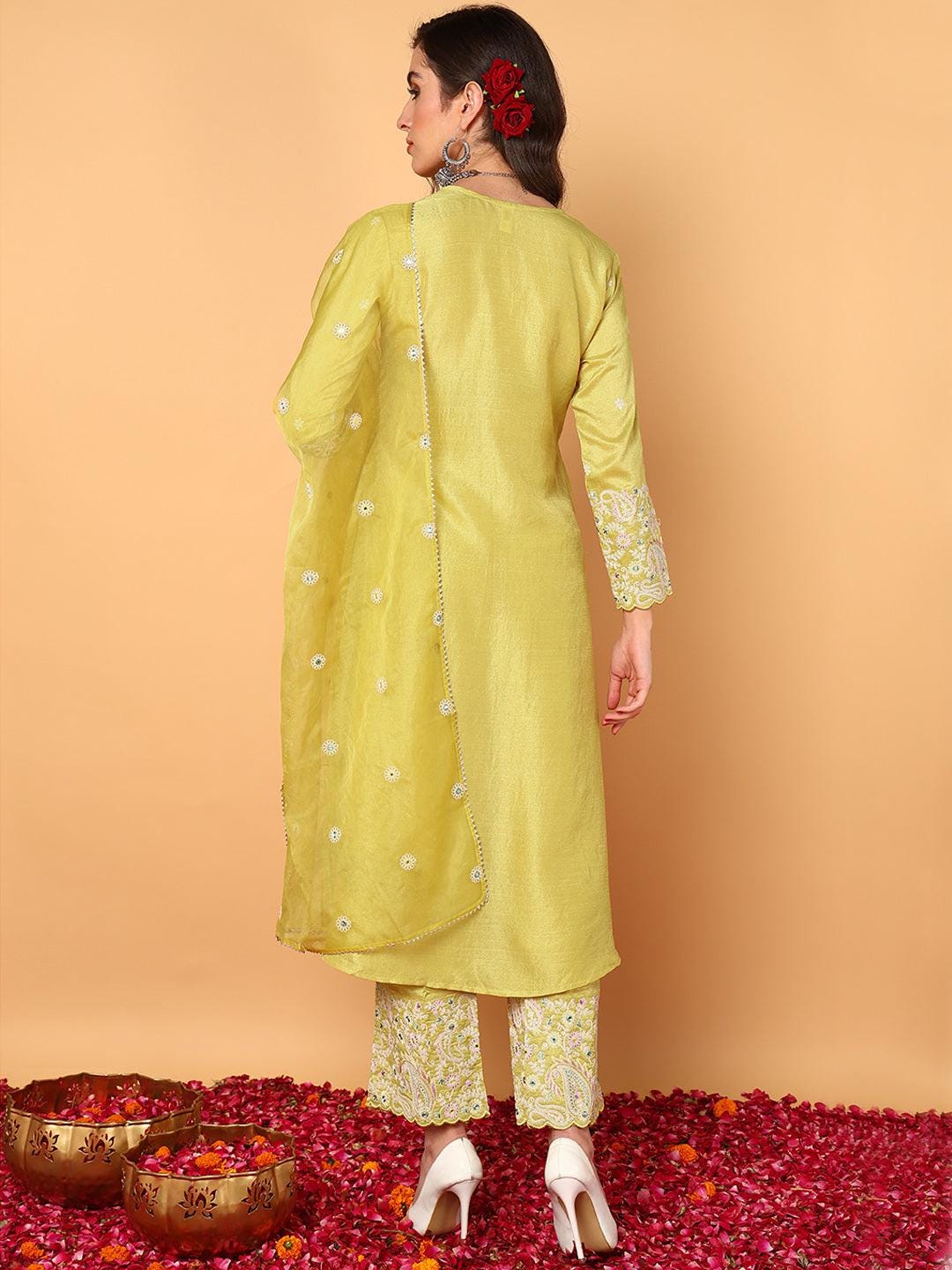 Yellow Embroidered Kurta Set with Organza Dupatta