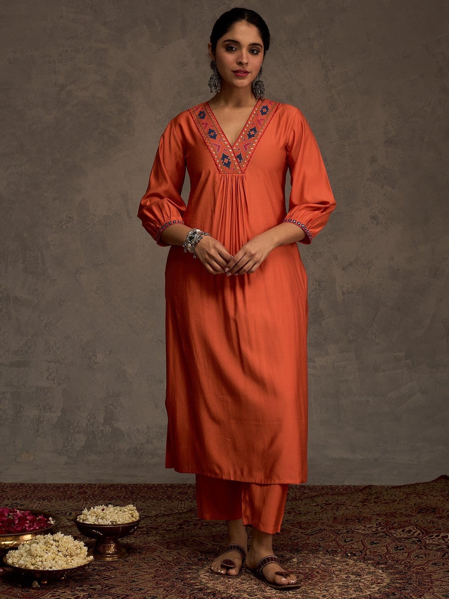 Orange Embroidered Liva Straight Kurta & Trouser Set | Festive Ethnic Outfit | Comfortable Indian Wear for Women