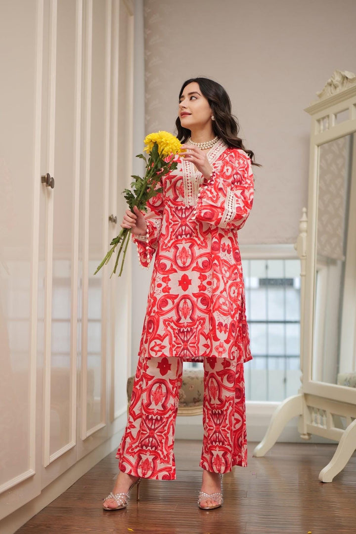 Red  Kurta Pants Set | Elegant Cotton Co-ord | Handcrafted Indian Kurta