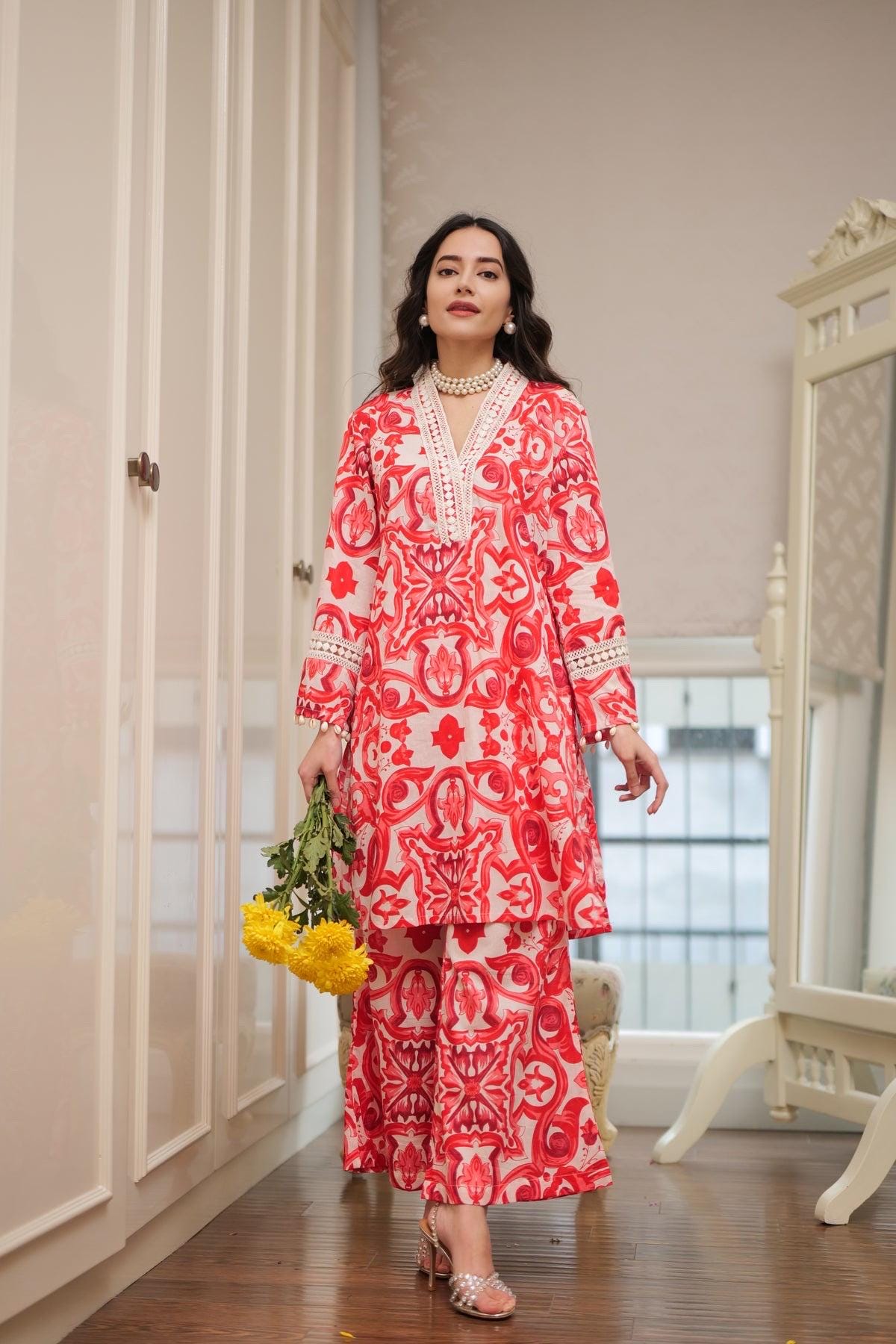 Red  Kurta Pants Set | Elegant Cotton Co-ord | Handcrafted Indian Kurta