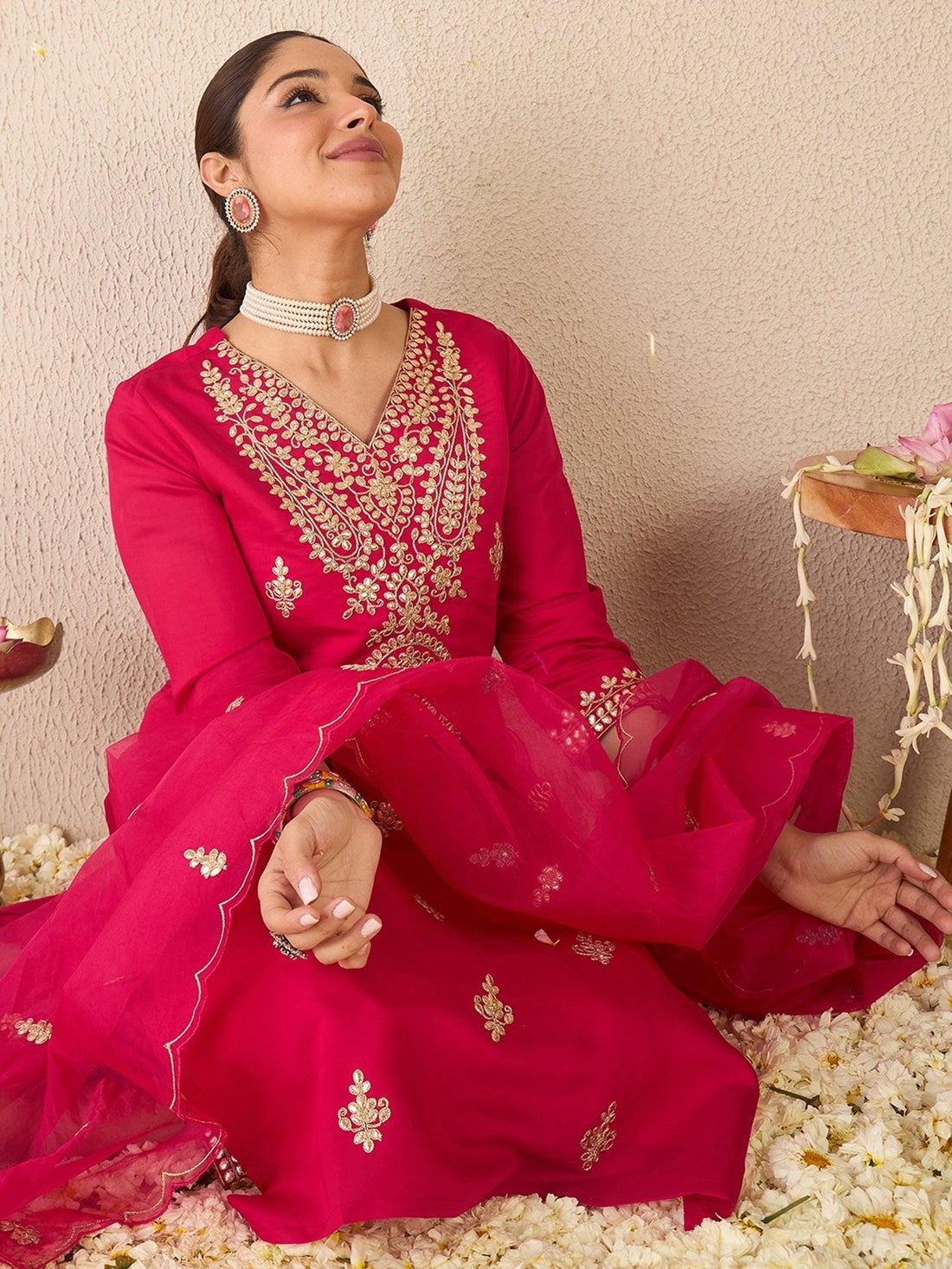 Pink Embroidered Silk Blend Kurta Set with Dupatta | Elegant Gota Patti Suit | Traditional Partywear Set