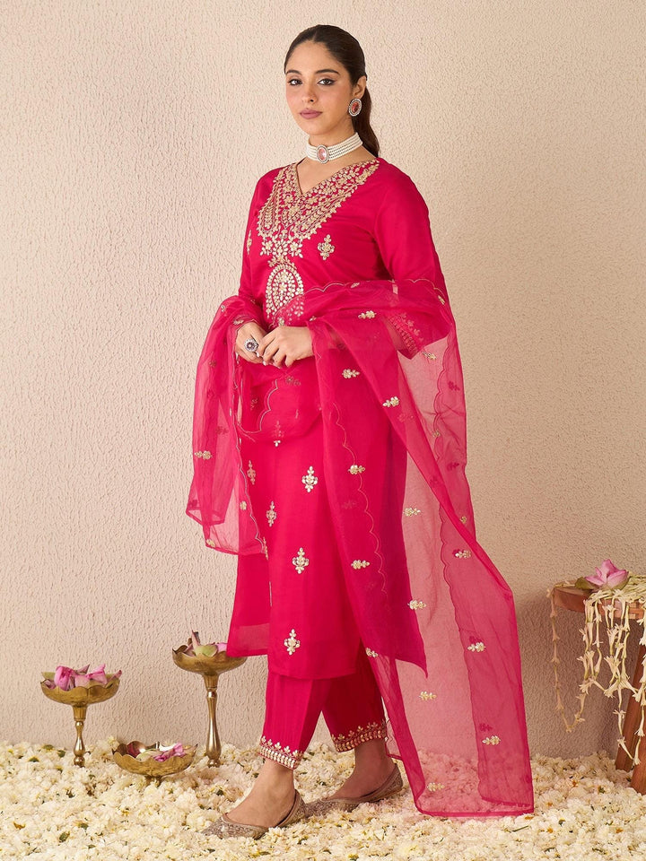 Pink Embroidered Silk Blend Kurta Set with Dupatta | Elegant Gota Patti Suit | Traditional Partywear Set