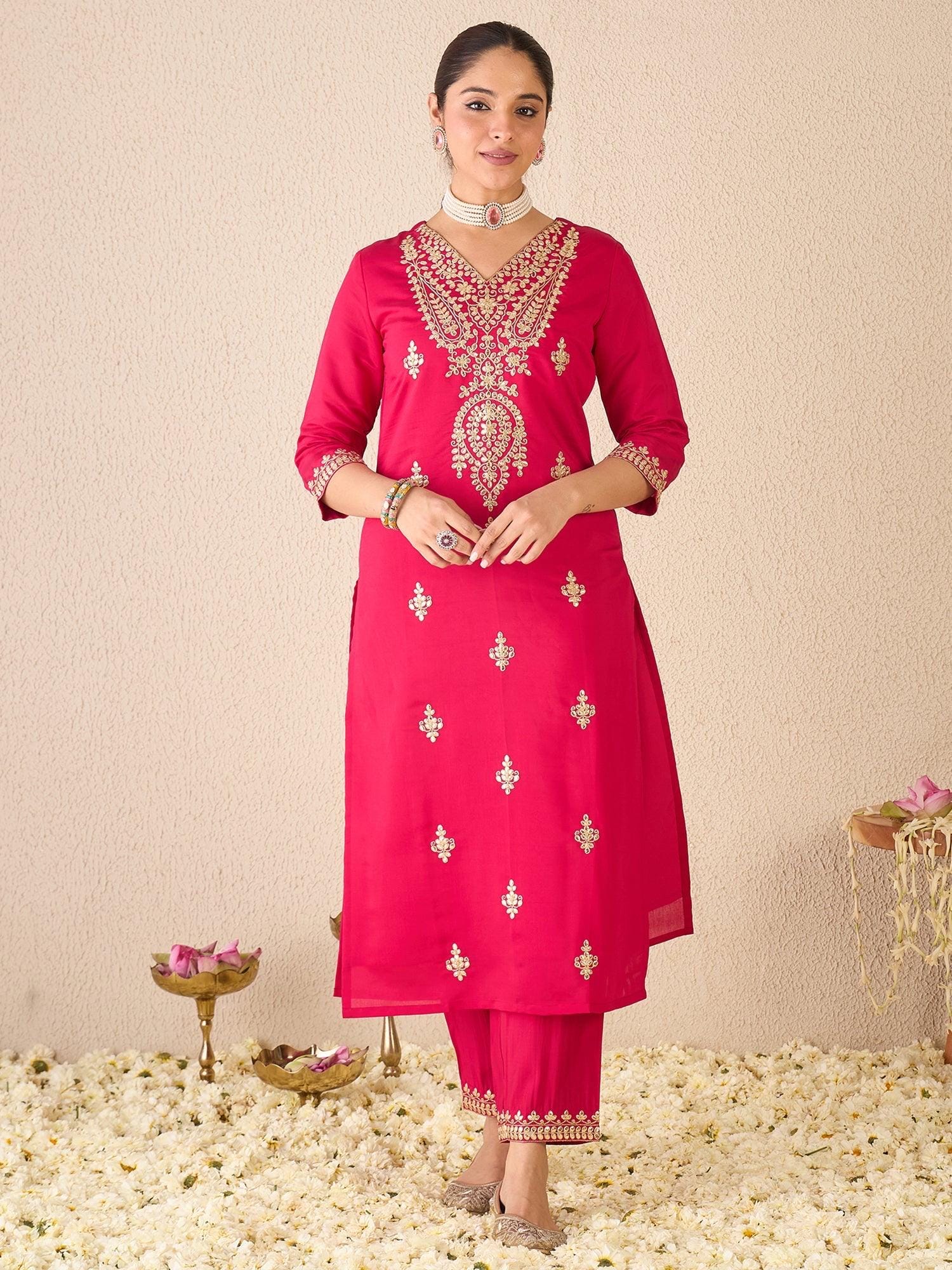 Pink Embroidered Silk Blend Kurta Set with Dupatta | Elegant Gota Patti Suit | Traditional Partywear Set