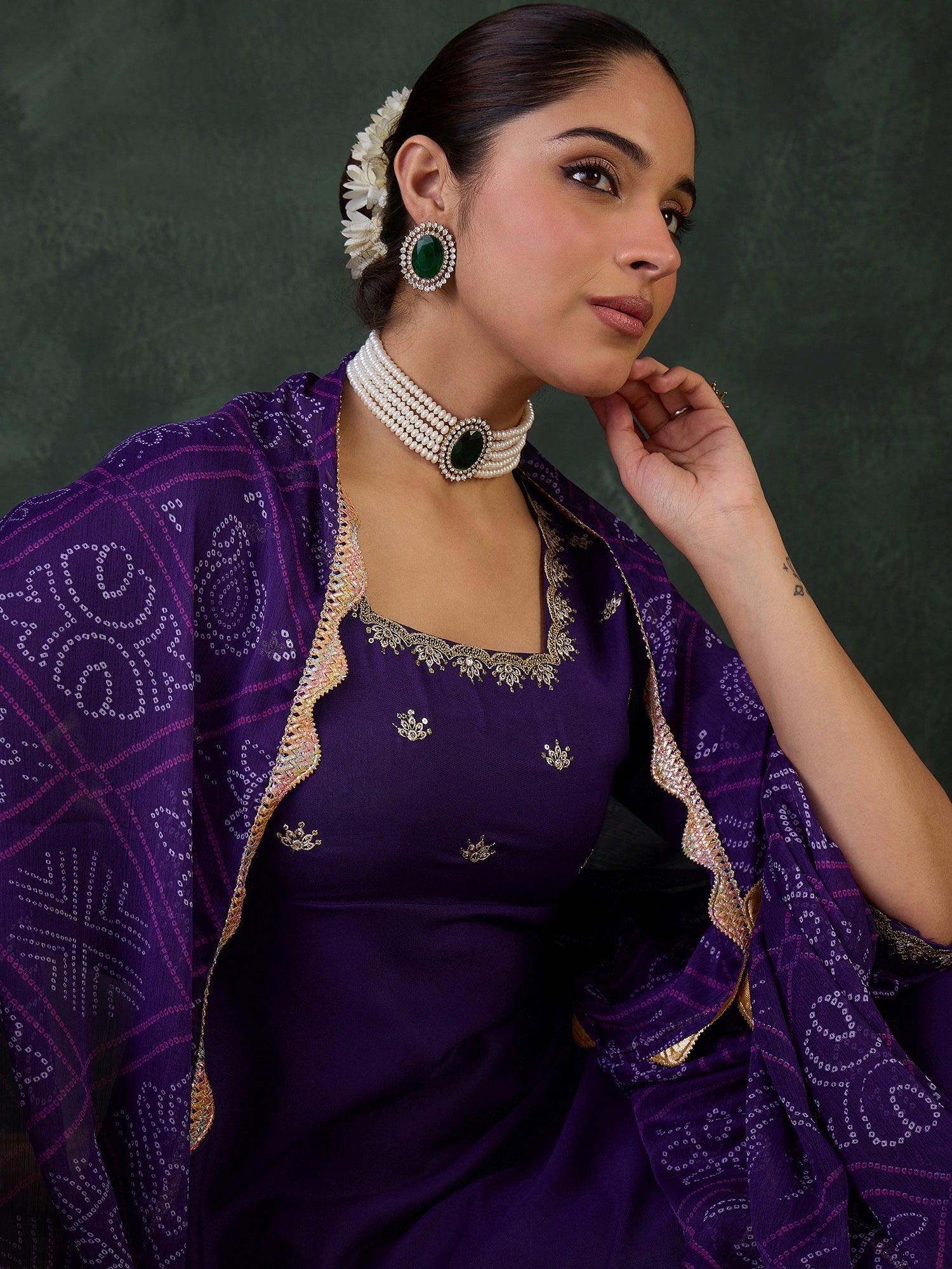 Purple Embroidered Anarkali Suit Set with Dupatta | Elegant Indian Dress | Marigold House