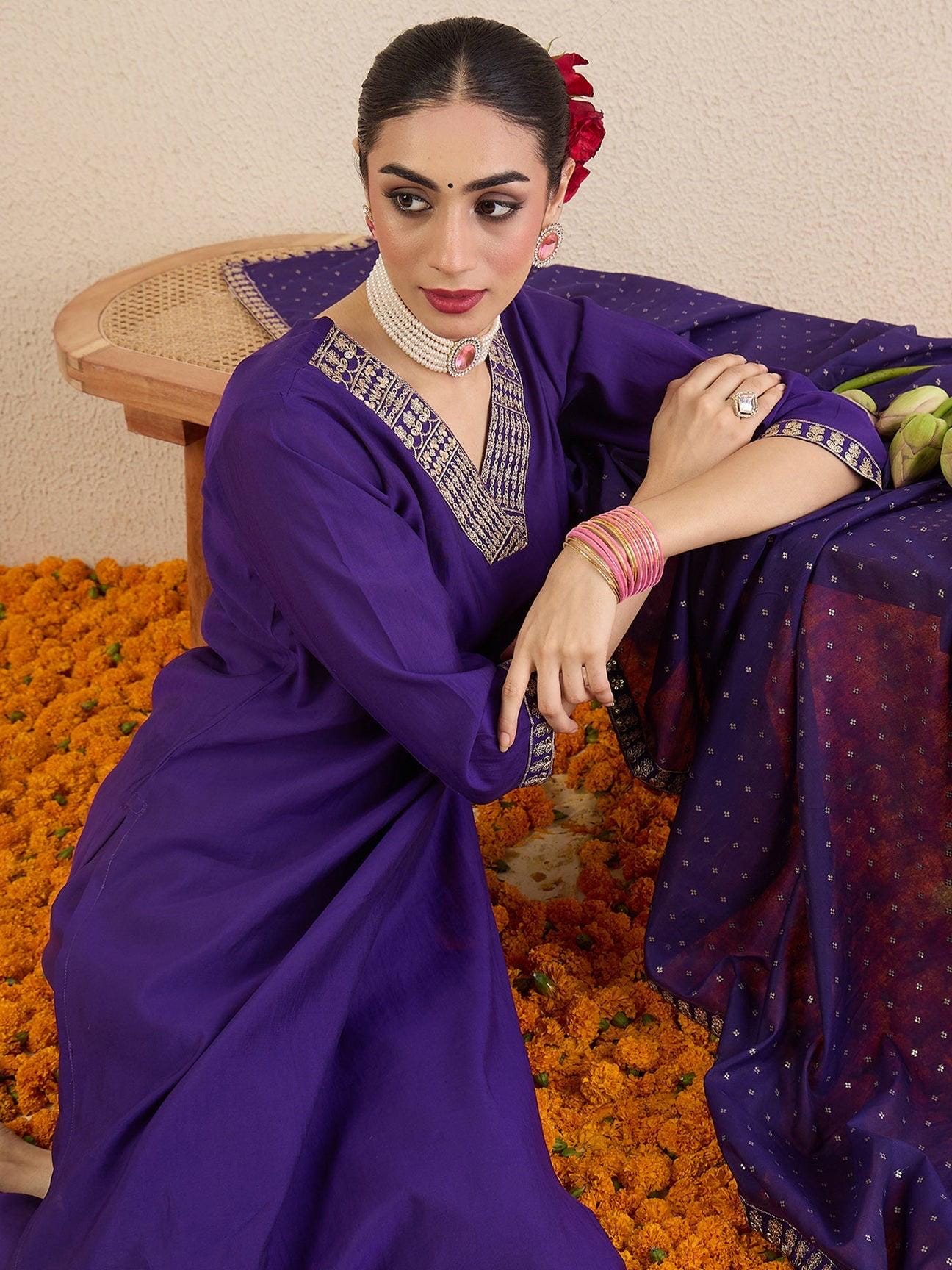 Purple Embroidered Straight Kurta Trousers With Dupatta set | Marigold House