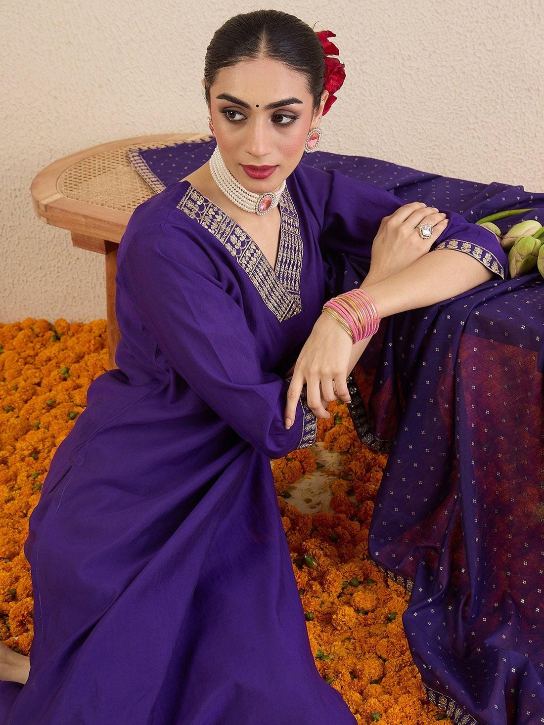 Purple Embroidered Straight Kurta Trousers With Dupatta set | Marigold House