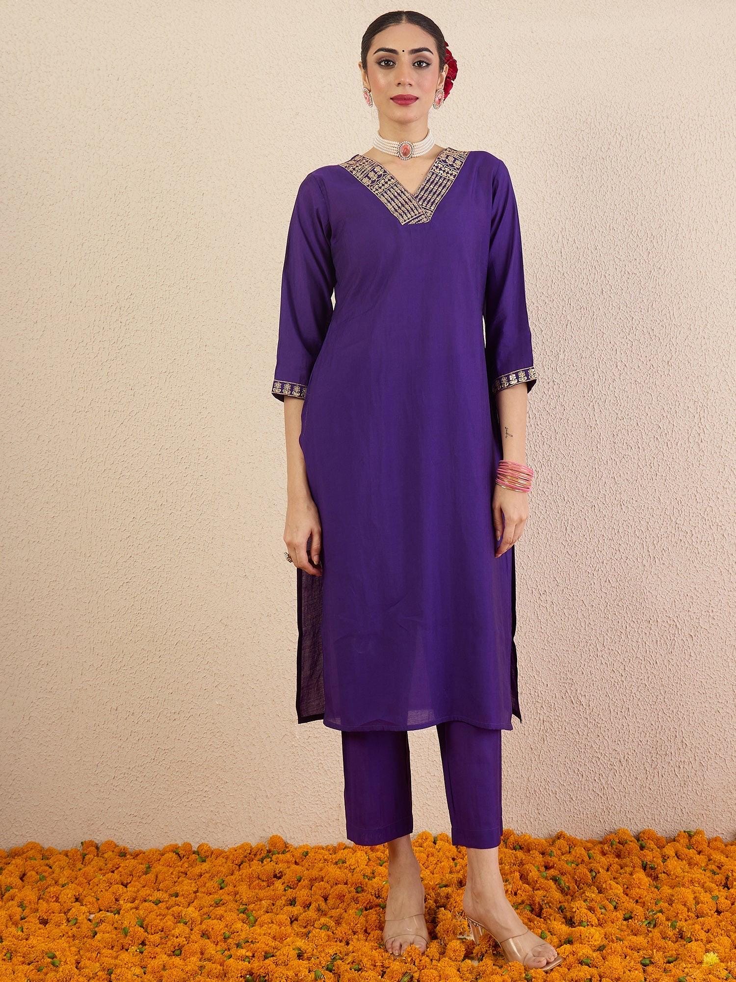 Purple Embroidered Straight Kurta Trousers With Dupatta set | Marigold House