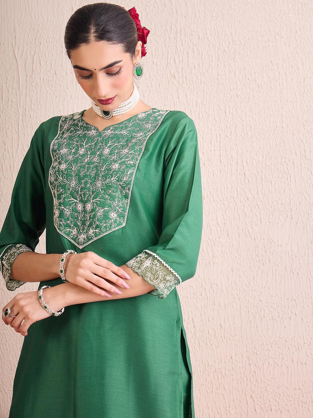 Green  Embroidered Straight Kurta Trousers With Dupatta set | Marigold House