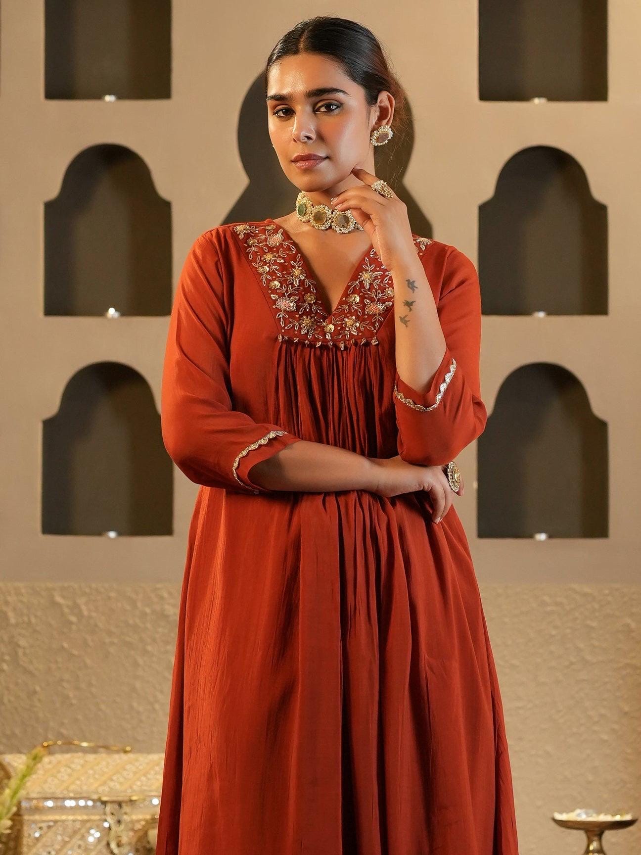 Rust Embroidered Chanderi Silk Kurta Set | A-Line Festive Suit | Beads & Stone Work Indian Outfit | Marigold House