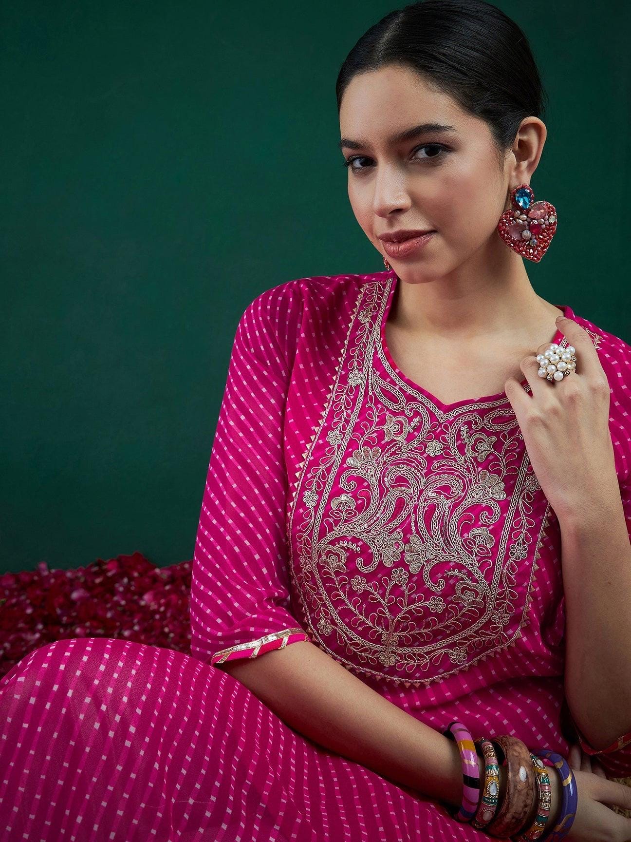 Pink Leheriya Printed Kurta | Georgette Straight Kurta with Zari Embroidery | Festive Indian Outfit | Marigold House