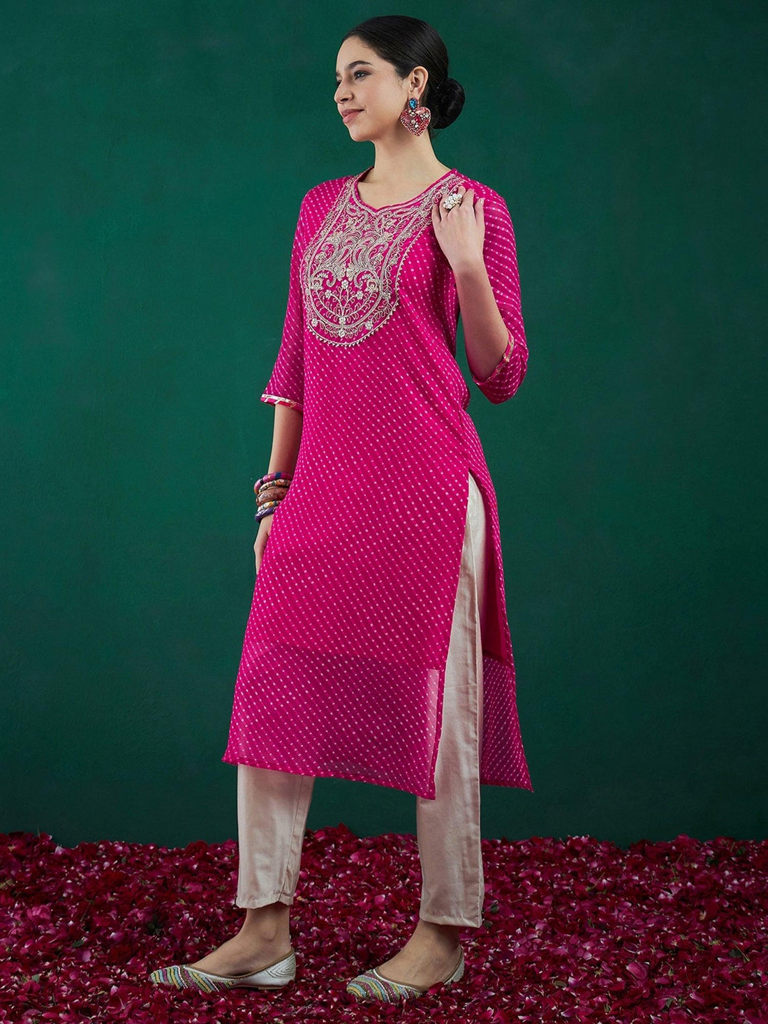 Pink Leheriya Printed Kurta | Georgette Straight Kurta with Zari Embroidery | Festive Indian Outfit | Marigold House