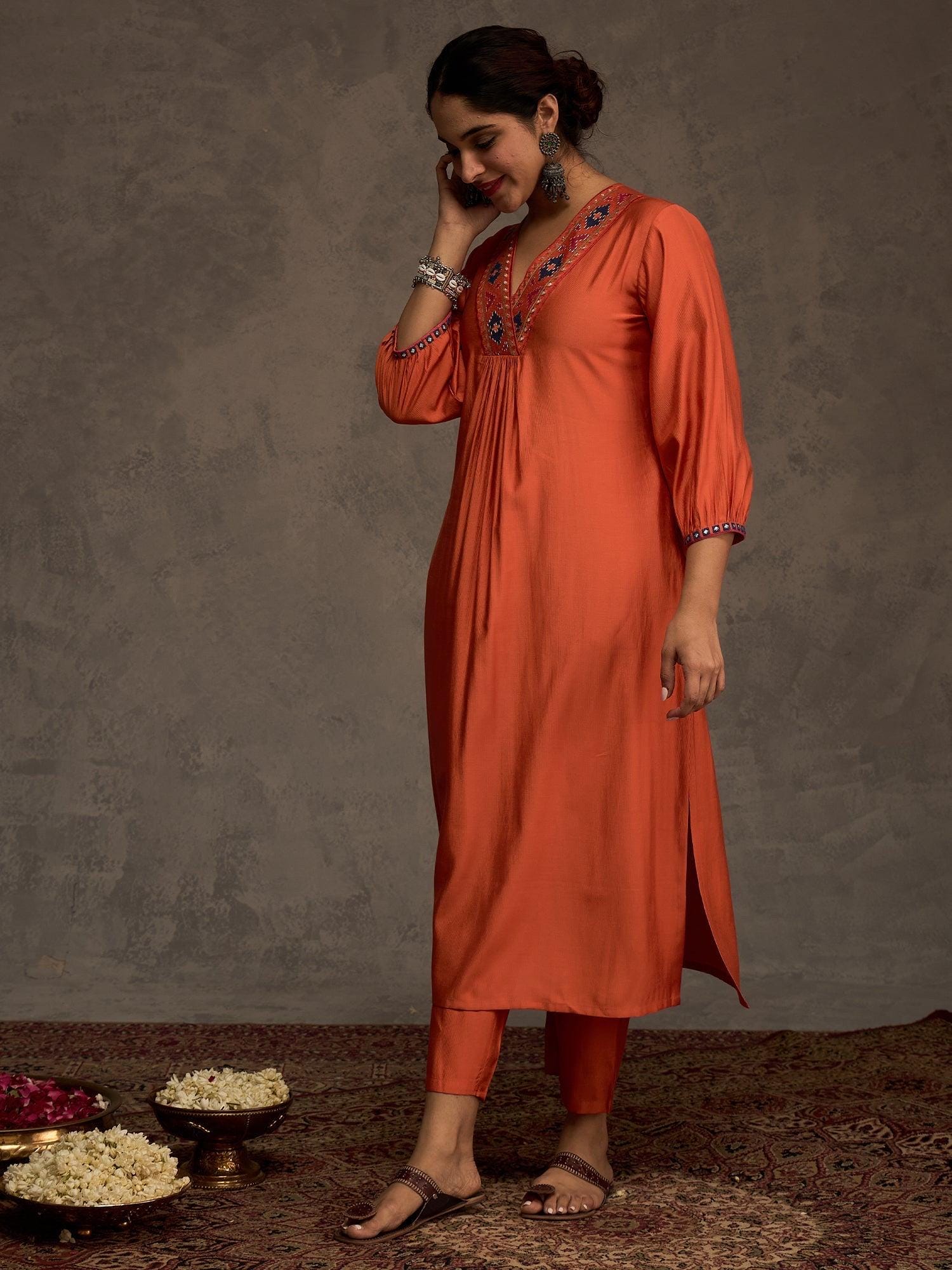 Orange Embroidered Liva Straight Kurta & Trouser Set | Festive Ethnic Outfit | Comfortable Indian Wear for Women