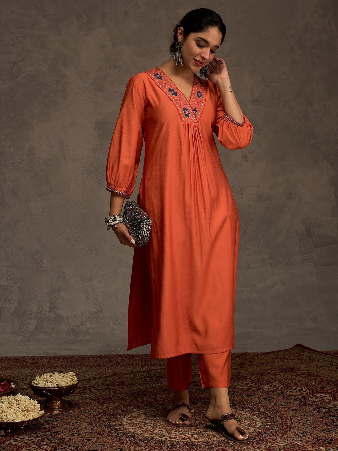 Orange Embroidered Liva Straight Kurta & Trouser Set | Festive Ethnic Outfit | Comfortable Indian Wear for Women