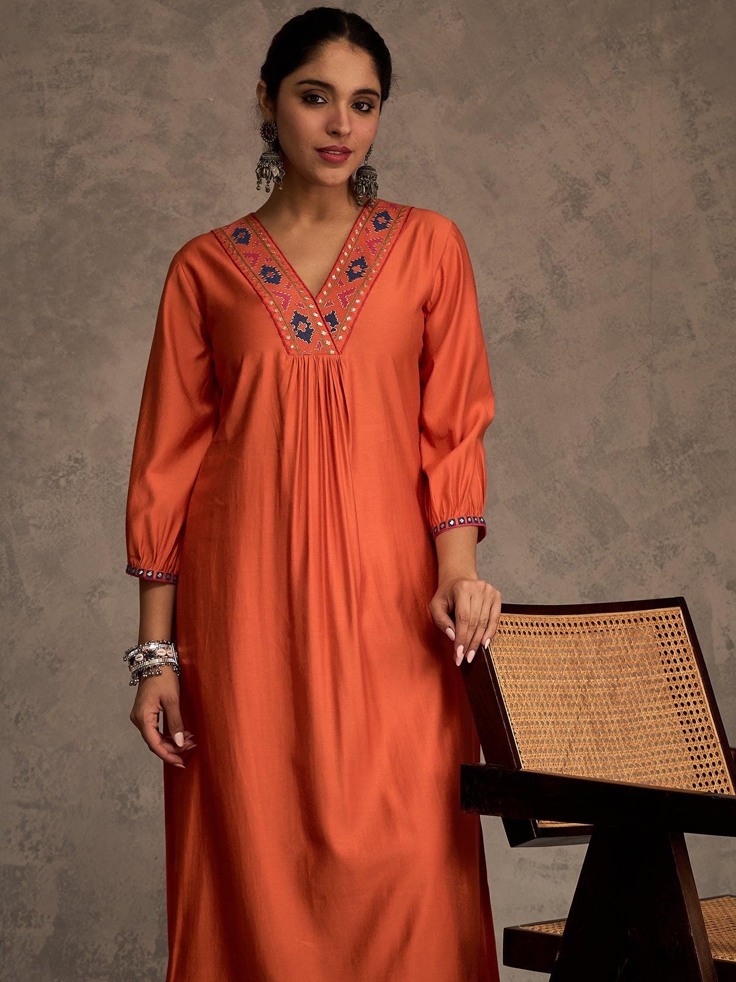 Orange Embroidered Liva Straight Kurta & Trouser Set | Festive Ethnic Outfit | Comfortable Indian Wear for Women