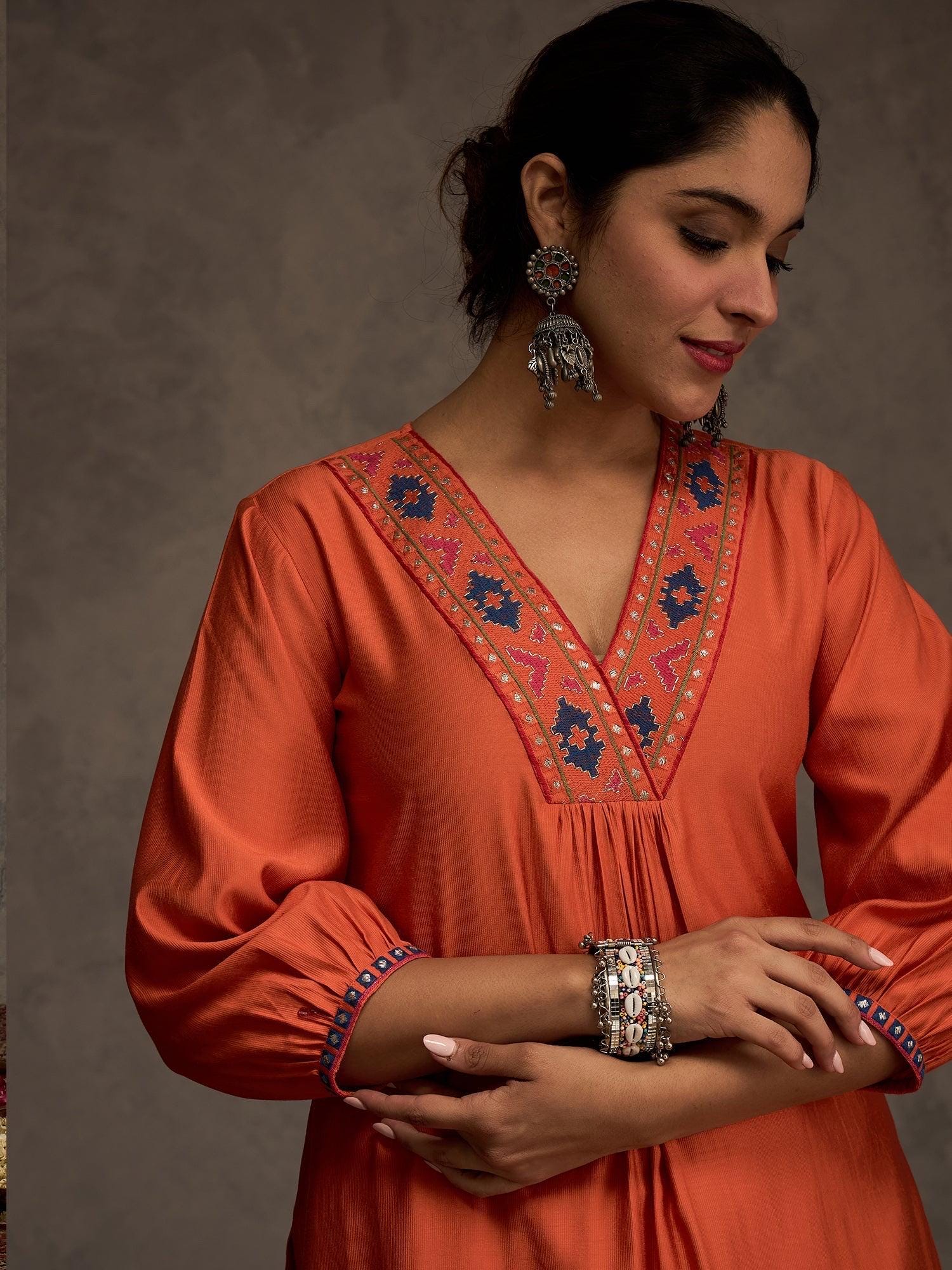 Orange Embroidered Liva Straight Kurta & Trouser Set | Festive Ethnic Outfit | Comfortable Indian Wear for Women