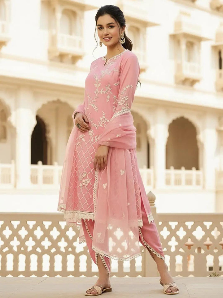 Pink Organza Embroidered Kurta Dhoti Pant Set