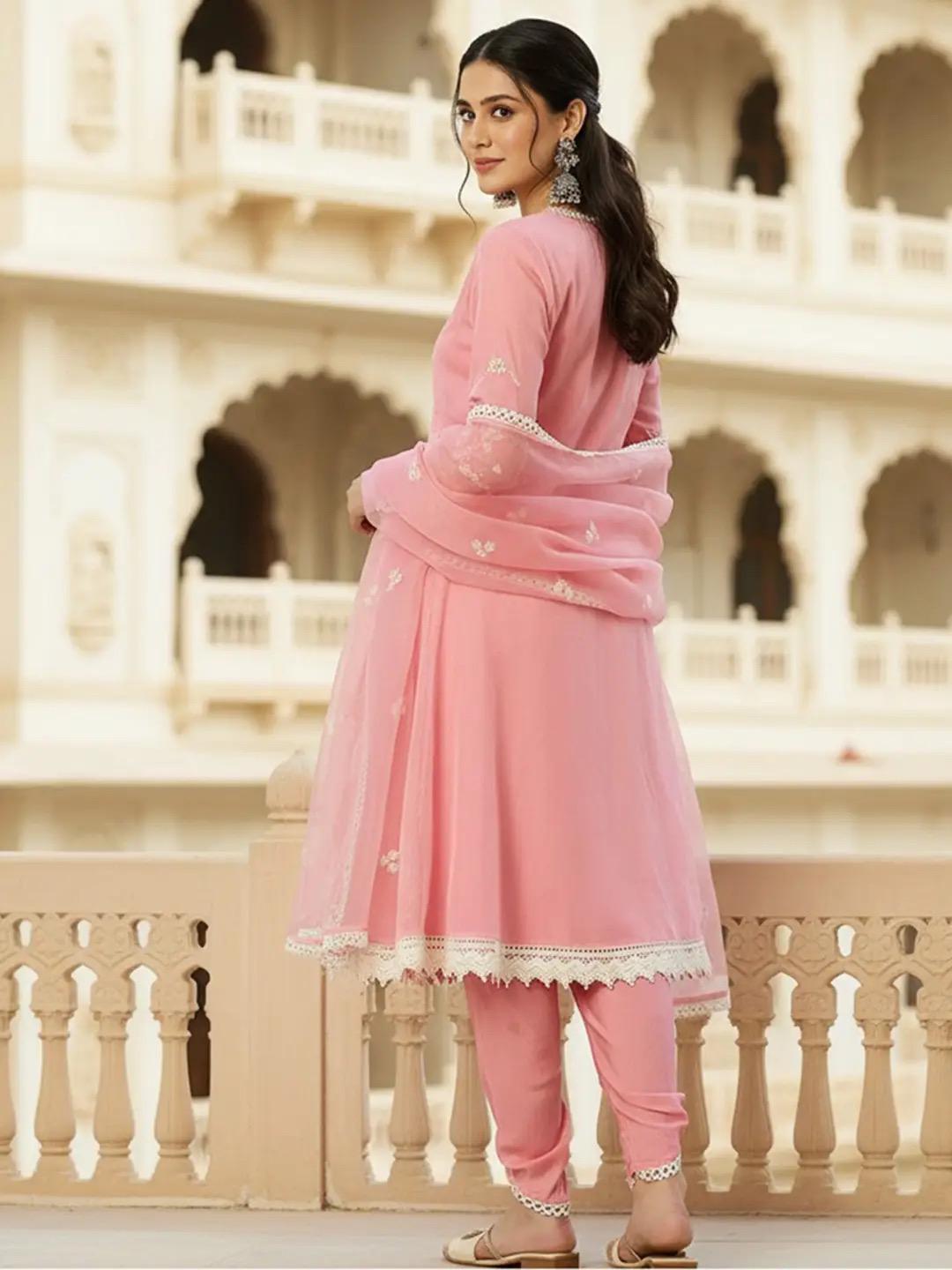 Pink Organza Embroidered Kurta Dhoti Pant Set
