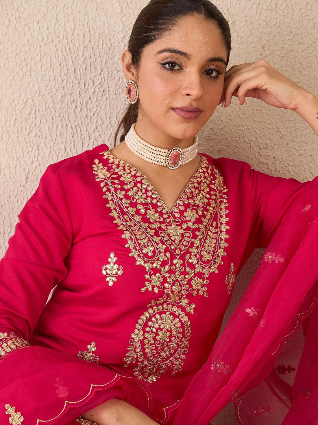 Pink Embroidered Silk Blend Kurta Set with Dupatta | Elegant Gota Patti Suit | Traditional Partywear Set