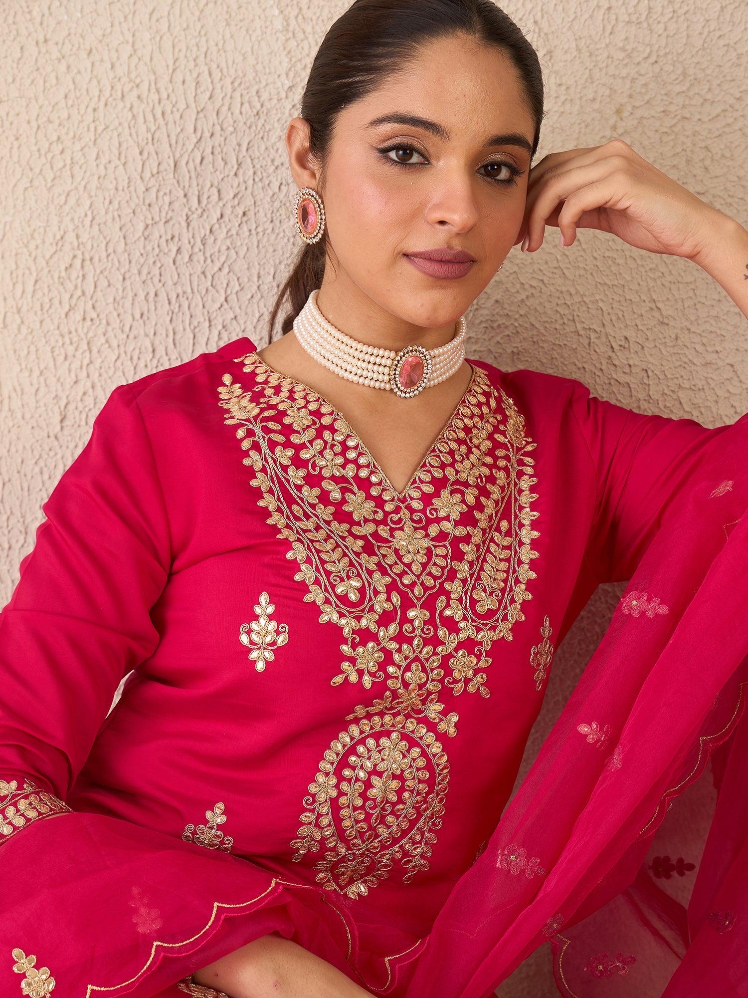 Pink Embroidered Silk Blend Kurta Set with Dupatta | Elegant Gota Patti Suit | Traditional Partywear Set