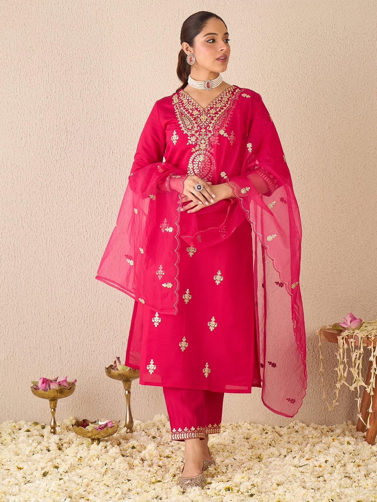 Pink Embroidered Silk Blend Kurta Set with Dupatta | Elegant Gota Patti Suit | Traditional Partywear Set