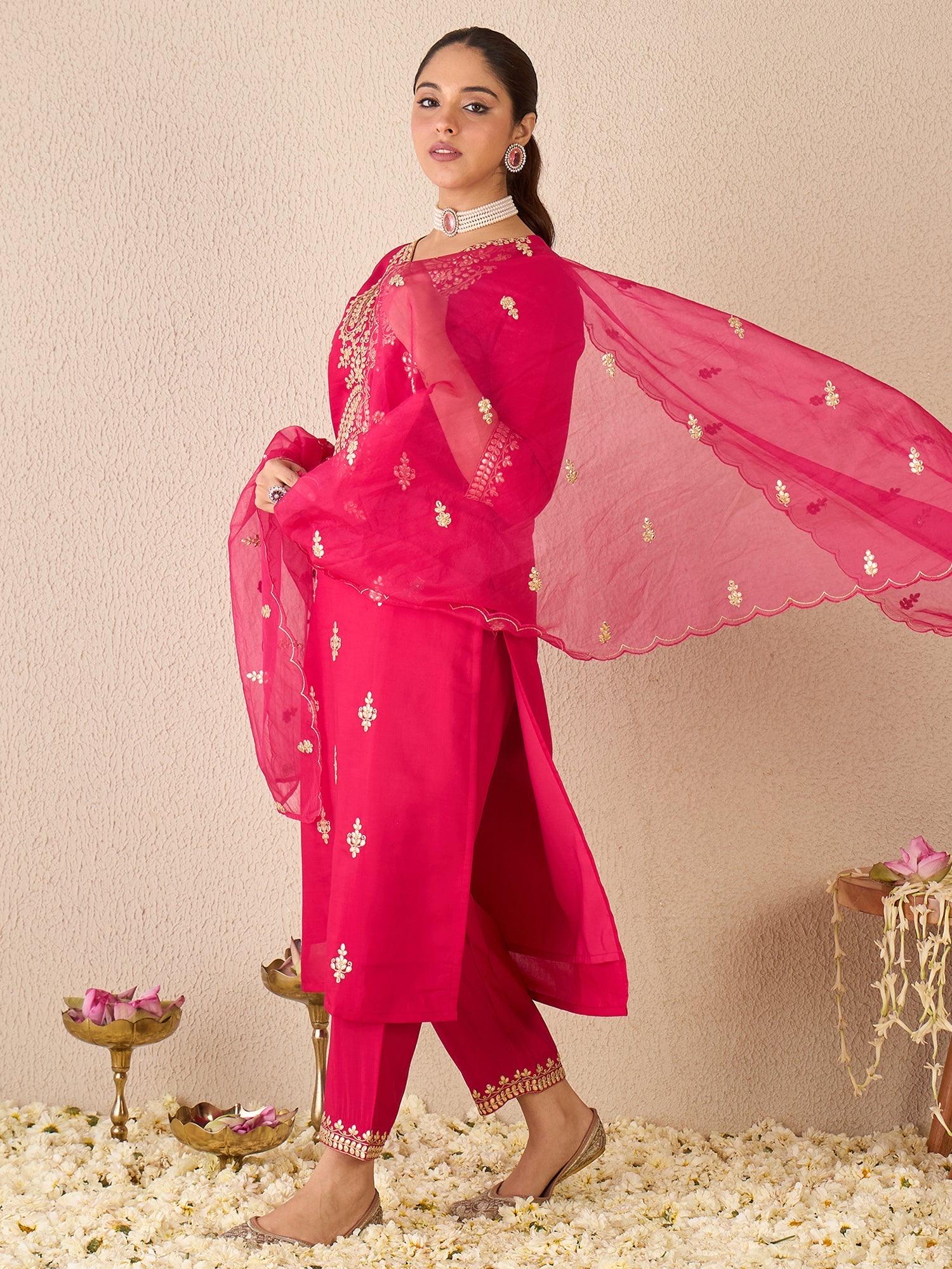 Pink Embroidered Silk Blend Kurta Set with Dupatta | Elegant Gota Patti Suit | Traditional Partywear Set