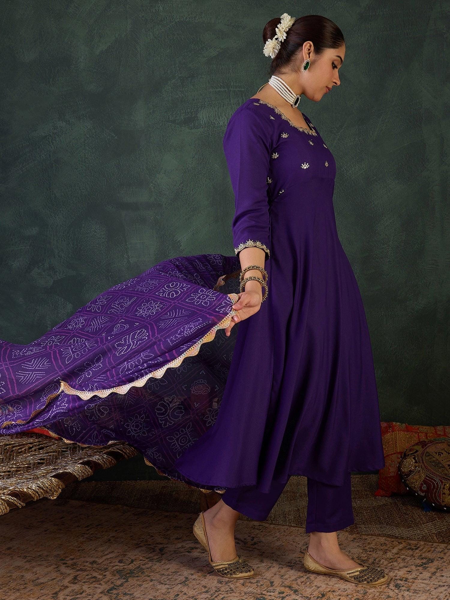 Purple Embroidered Anarkali Suit Set with Dupatta | Elegant Indian Dress | Marigold House