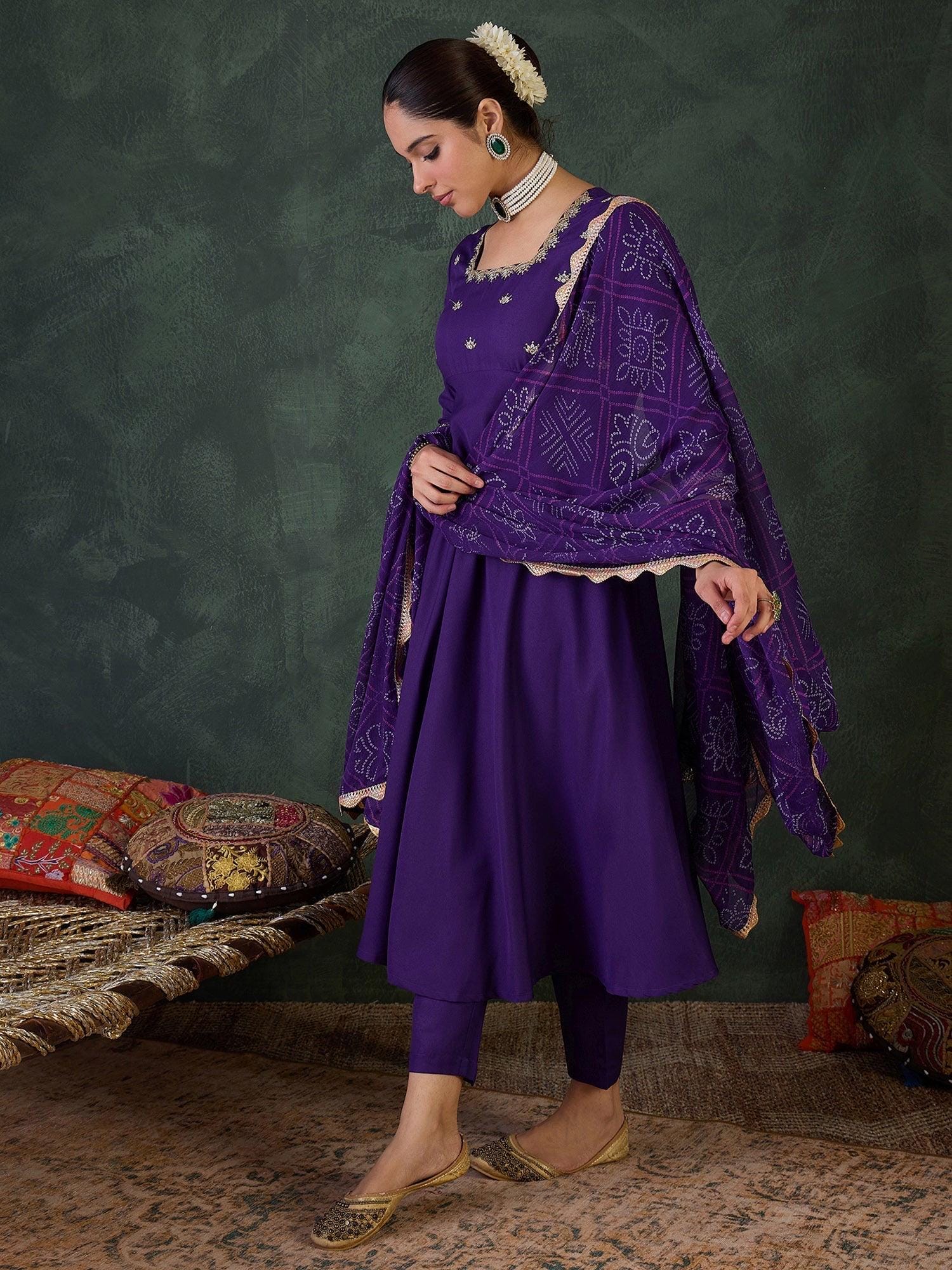 Purple Embroidered Anarkali Suit Set with Dupatta | Elegant Indian Dress | Marigold House