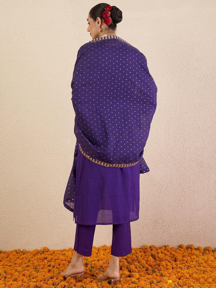 Purple Embroidered Straight Kurta Trousers With Dupatta set | Marigold House