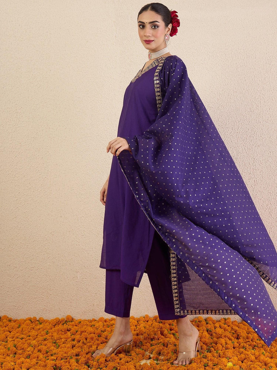 Purple Embroidered Straight Kurta Trousers With Dupatta set | Marigold House