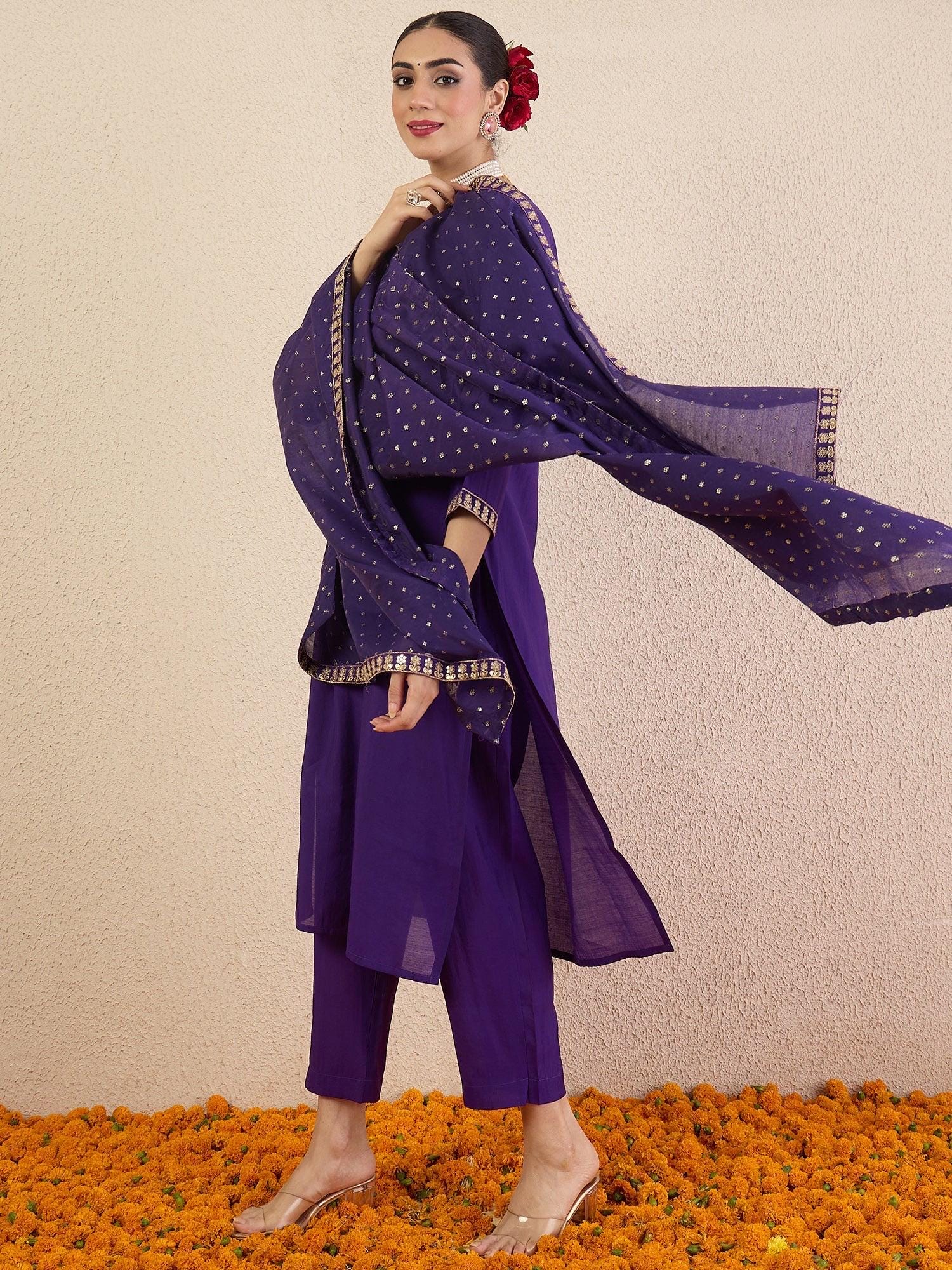 Purple Embroidered Straight Kurta Trousers With Dupatta set | Marigold House