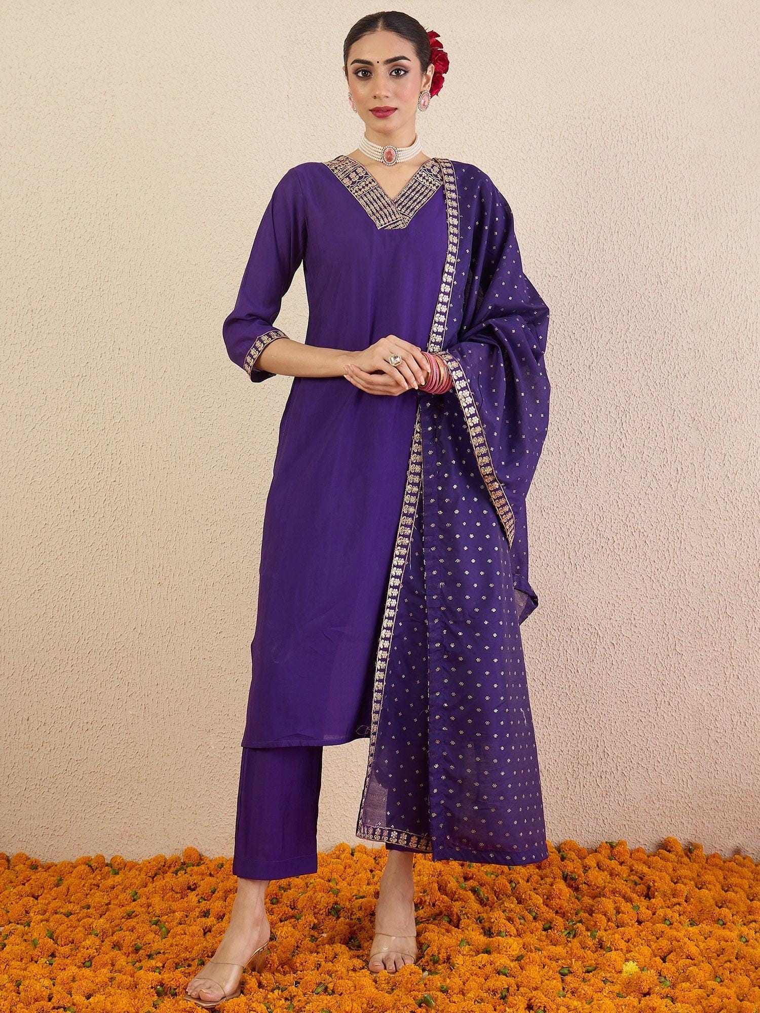 Purple Embroidered Straight Kurta Trousers With Dupatta set | Marigold House