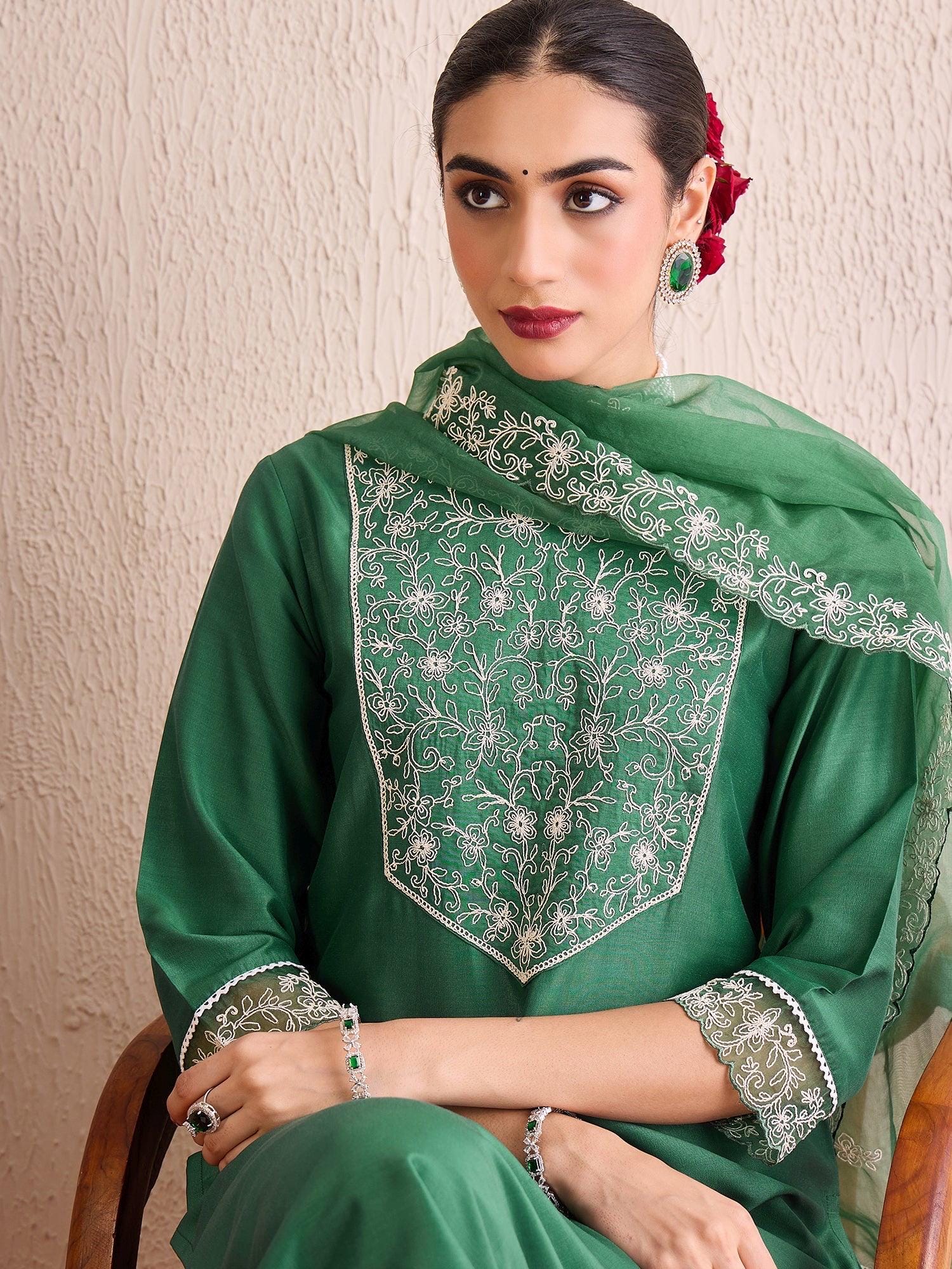 Green  Embroidered Straight Kurta Trousers With Dupatta set | Marigold House