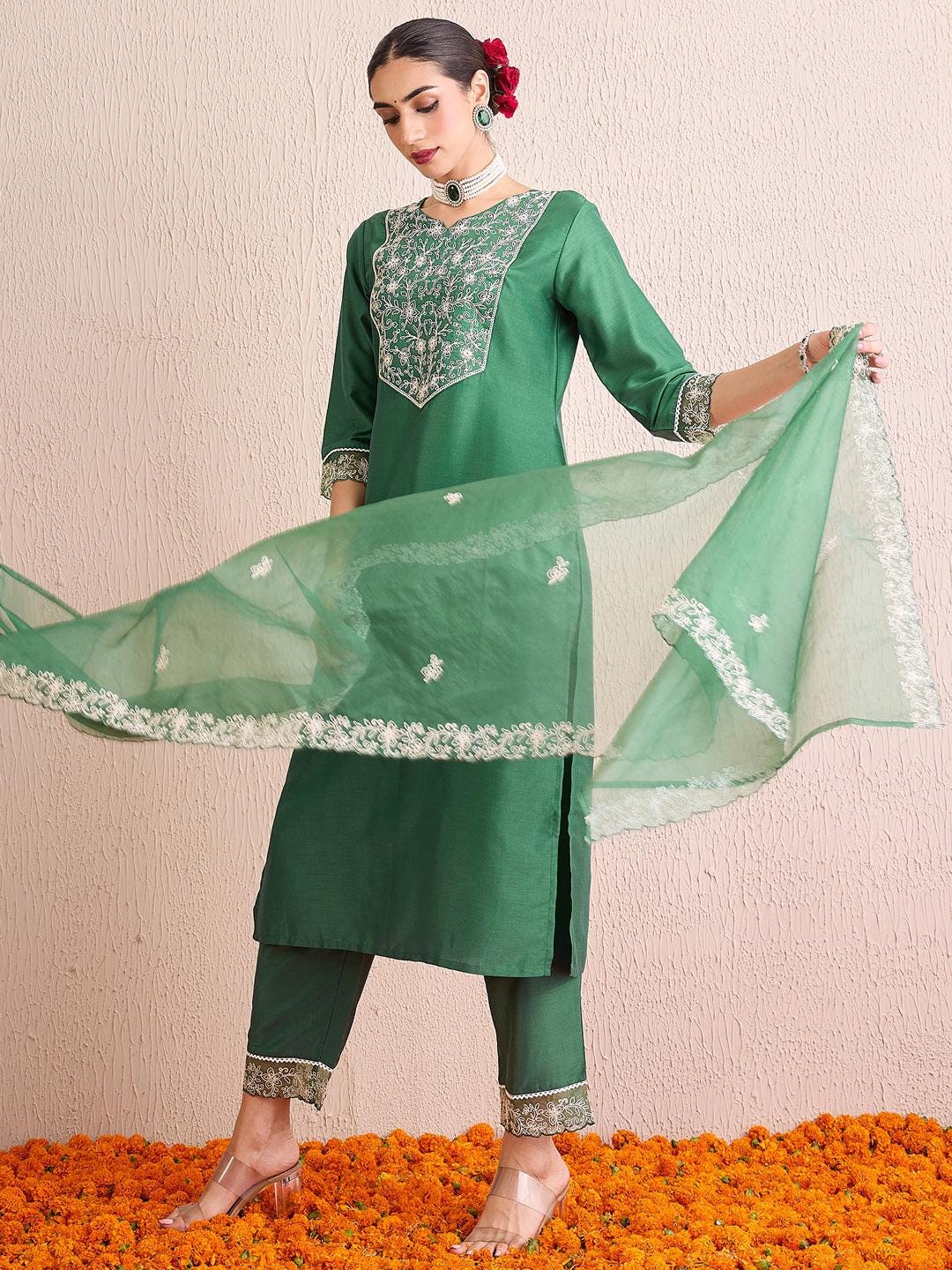 Green  Embroidered Straight Kurta Trousers With Dupatta set | Marigold House