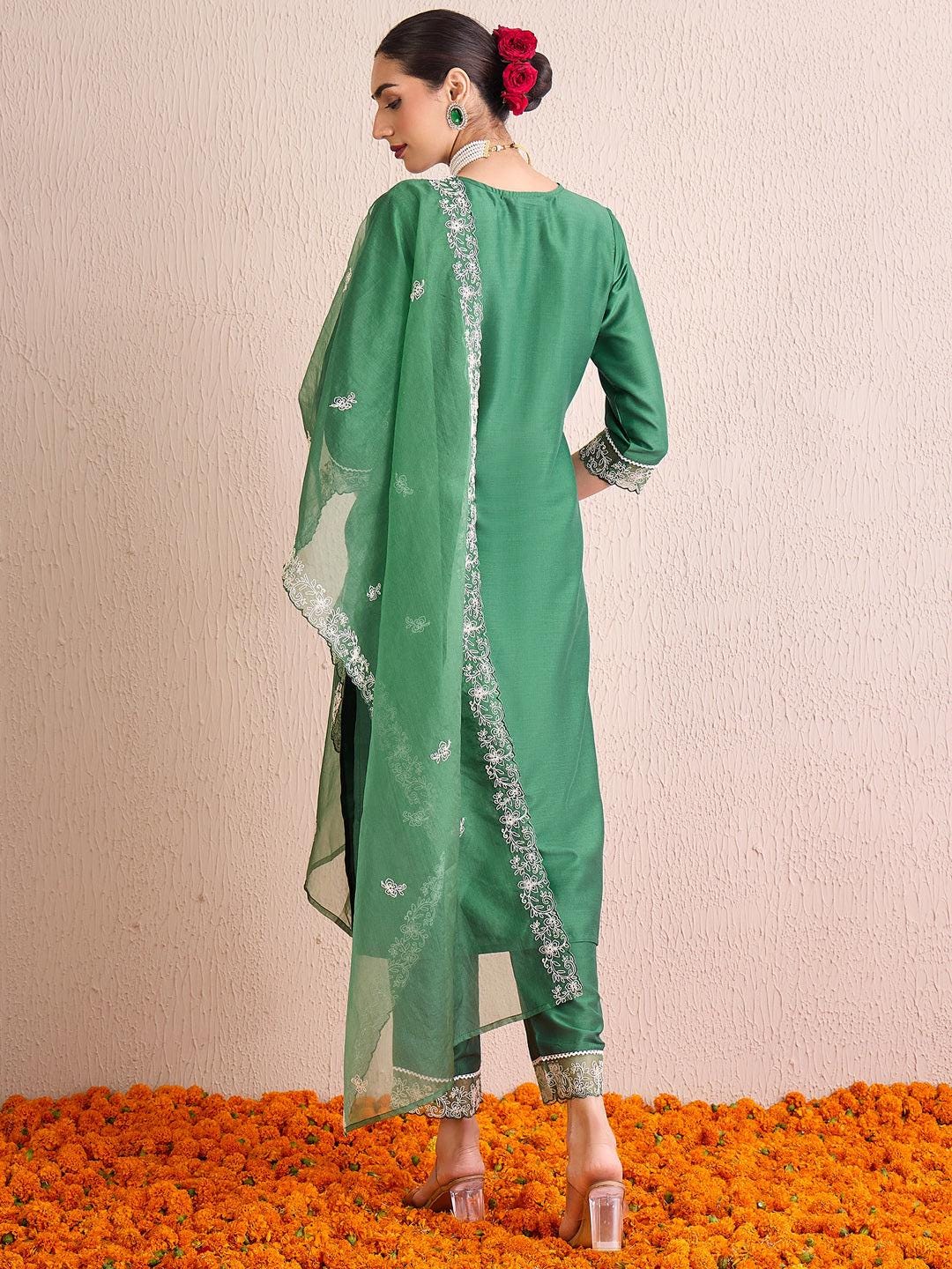 Green  Embroidered Straight Kurta Trousers With Dupatta set | Marigold House