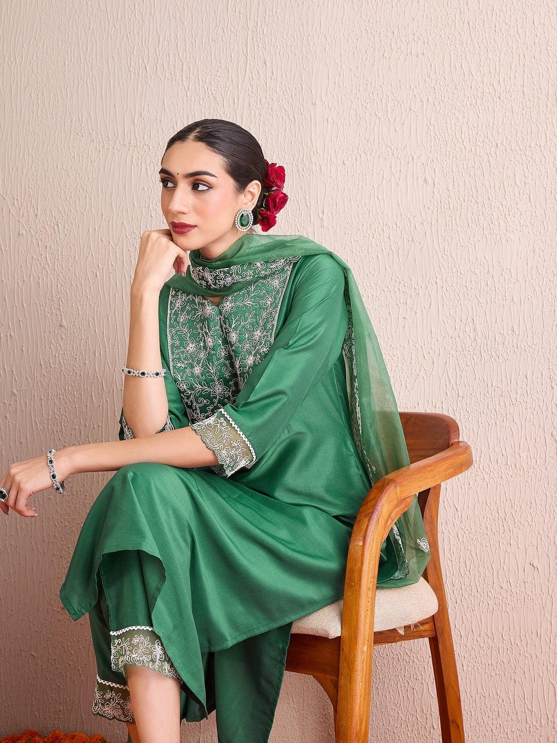 Green  Embroidered Straight Kurta Trousers With Dupatta set | Marigold House