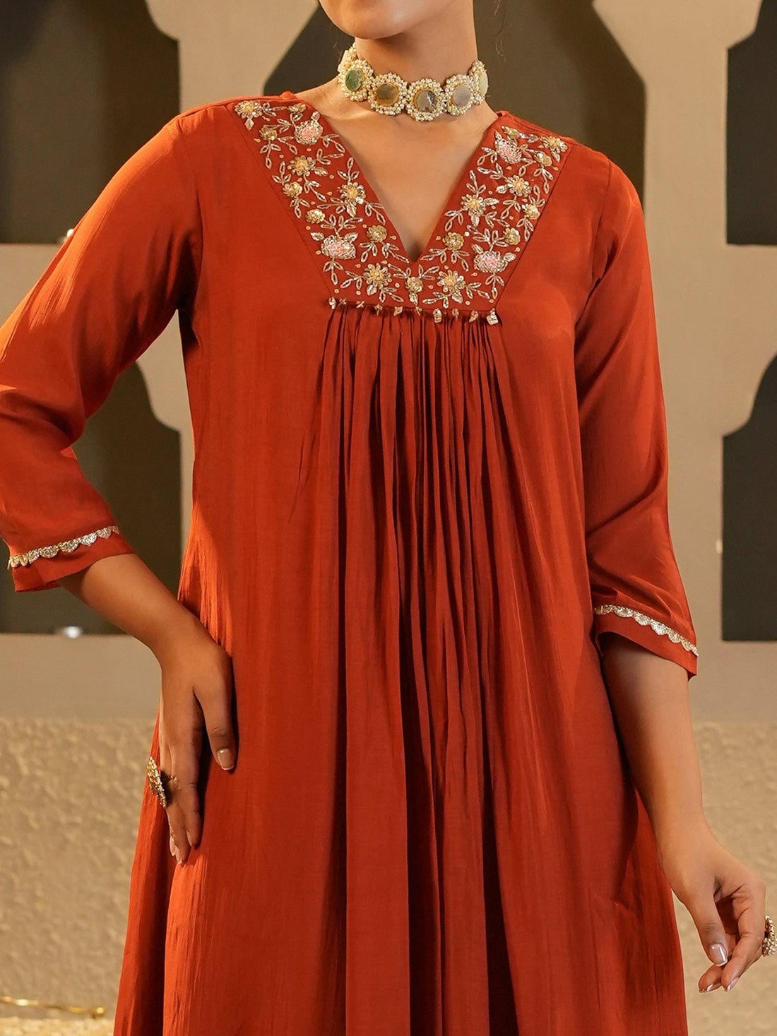 Rust Embroidered Chanderi Silk Kurta Set | A-Line Festive Suit | Beads & Stone Work Indian Outfit | Marigold House