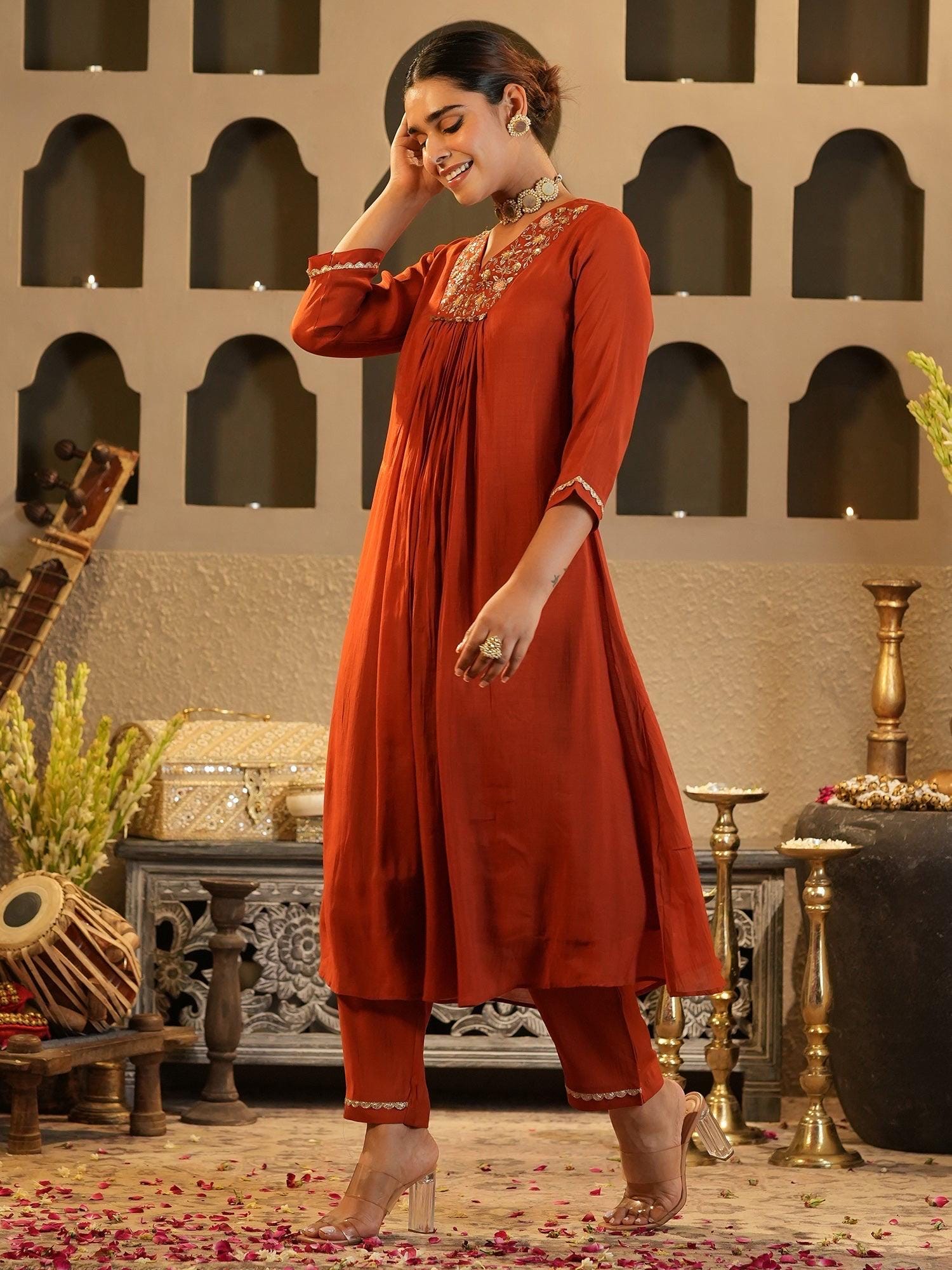 Rust Embroidered Chanderi Silk Kurta Set | A-Line Festive Suit | Beads & Stone Work Indian Outfit | Marigold House