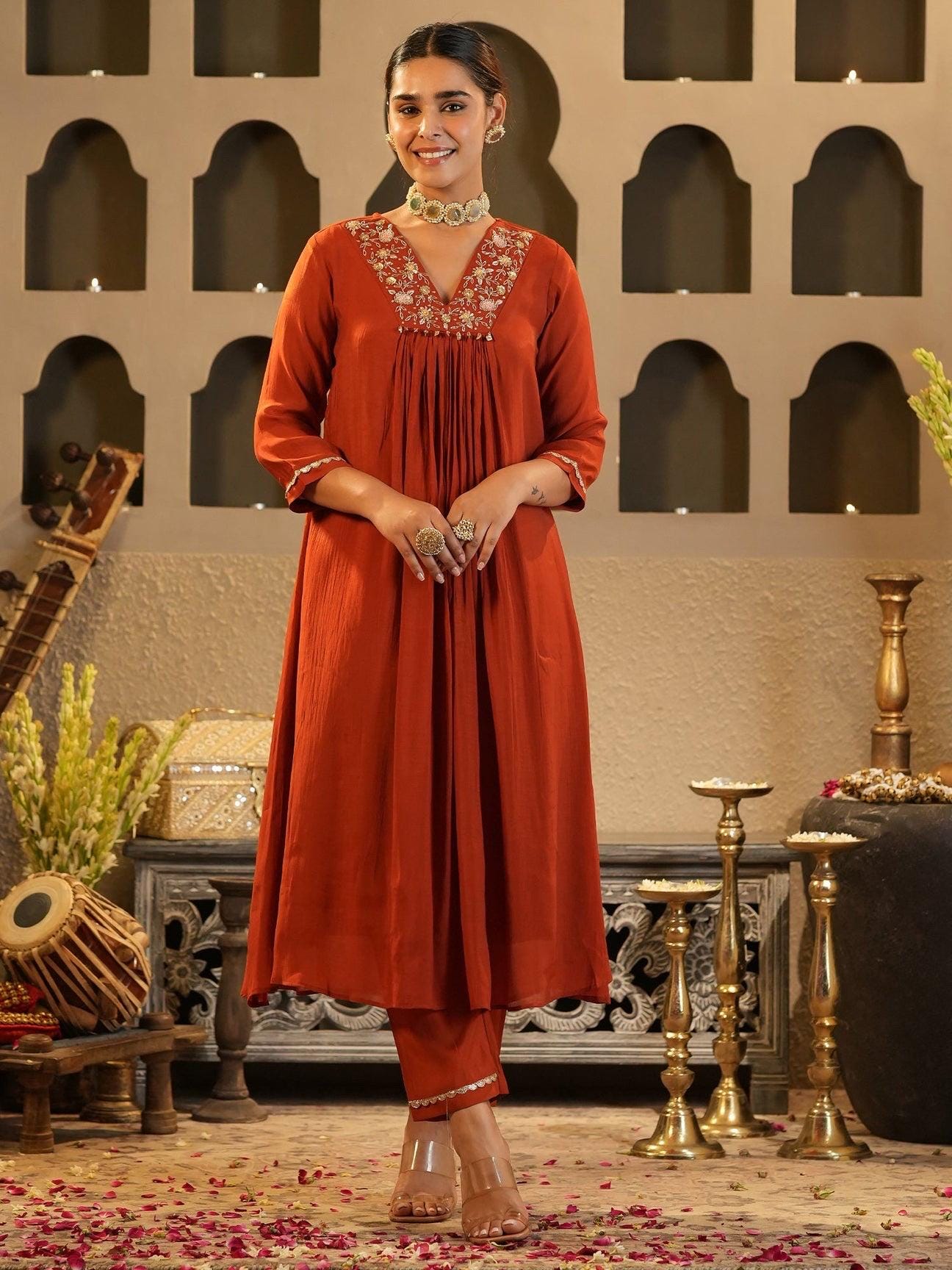 Rust Embroidered Chanderi Silk Kurta Set | A-Line Festive Suit | Beads & Stone Work Indian Outfit | Marigold House