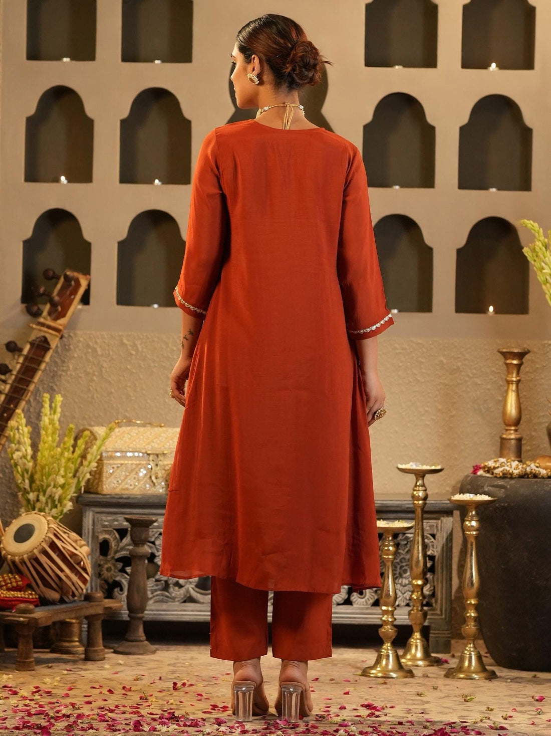 Rust Embroidered Chanderi Silk Kurta Set | A-Line Festive Suit | Beads & Stone Work Indian Outfit | Marigold House